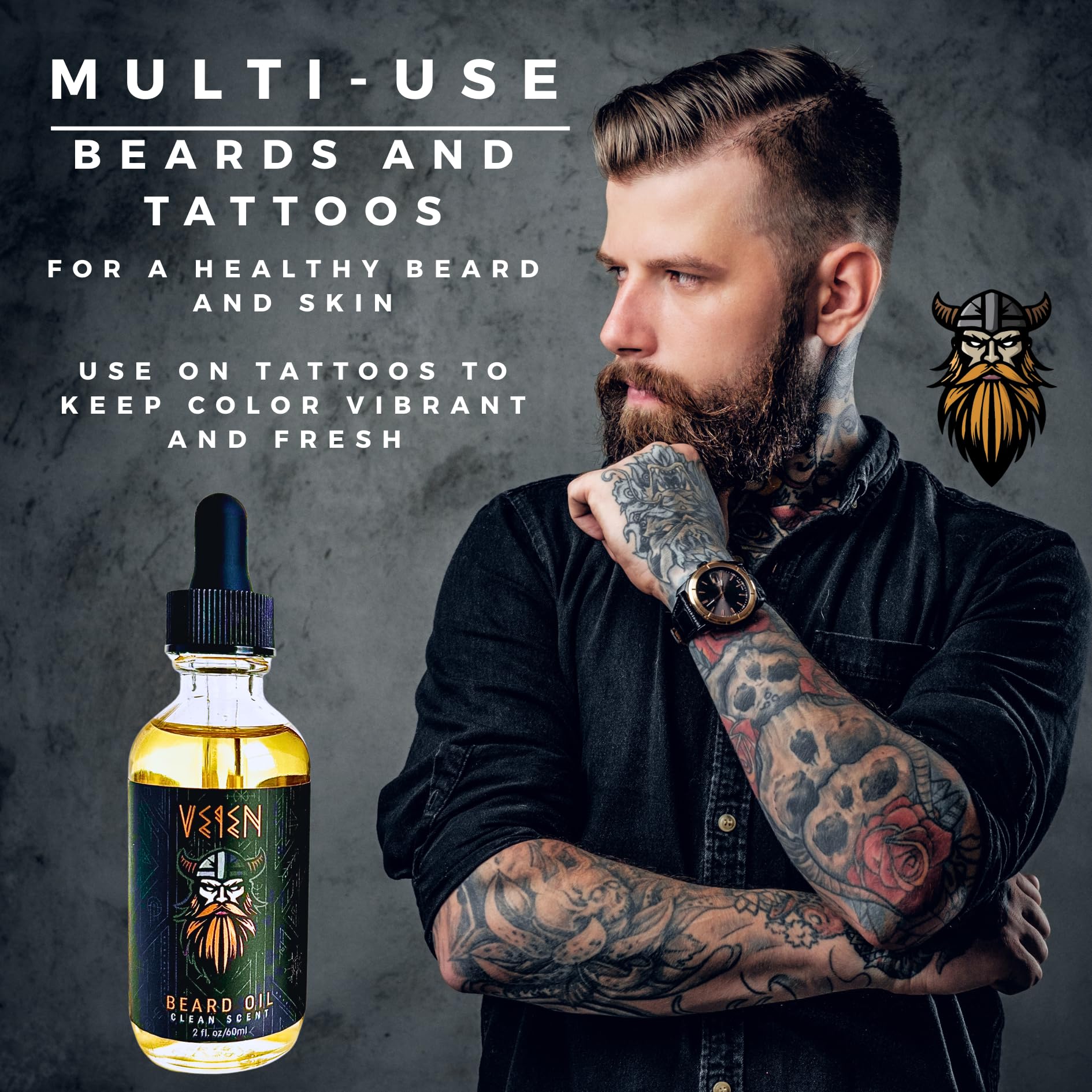 Veien beard oil application demonstrates smooth, mess-free coverage and skin nourishment.