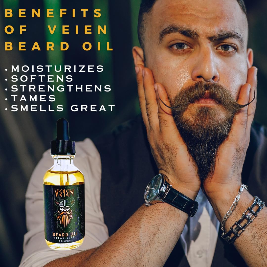 Veien beard oil adds natural shine and frizz control for a polished look.