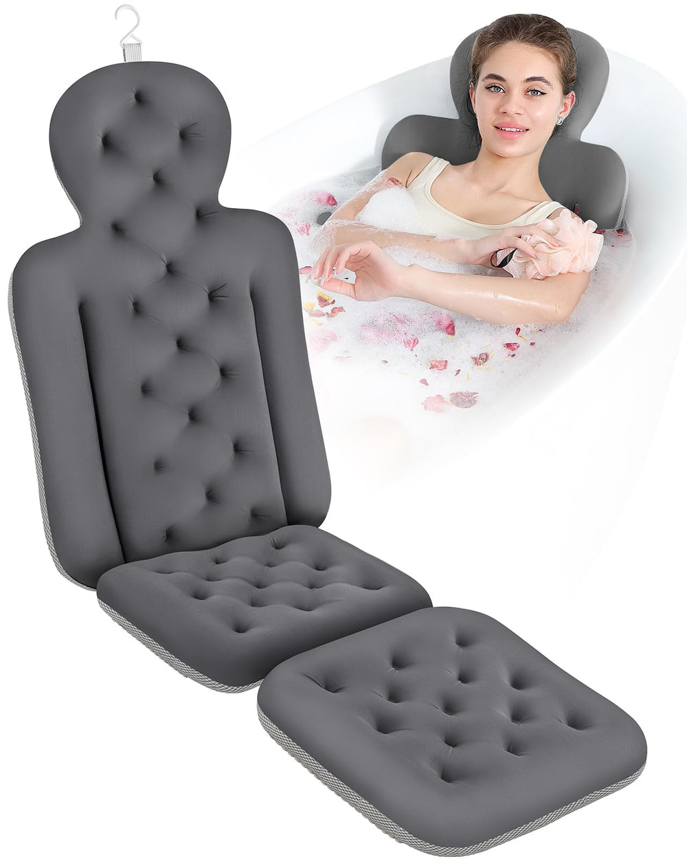 VEILS bath pillow offers full-body support for a relaxing soak with stable placement.
