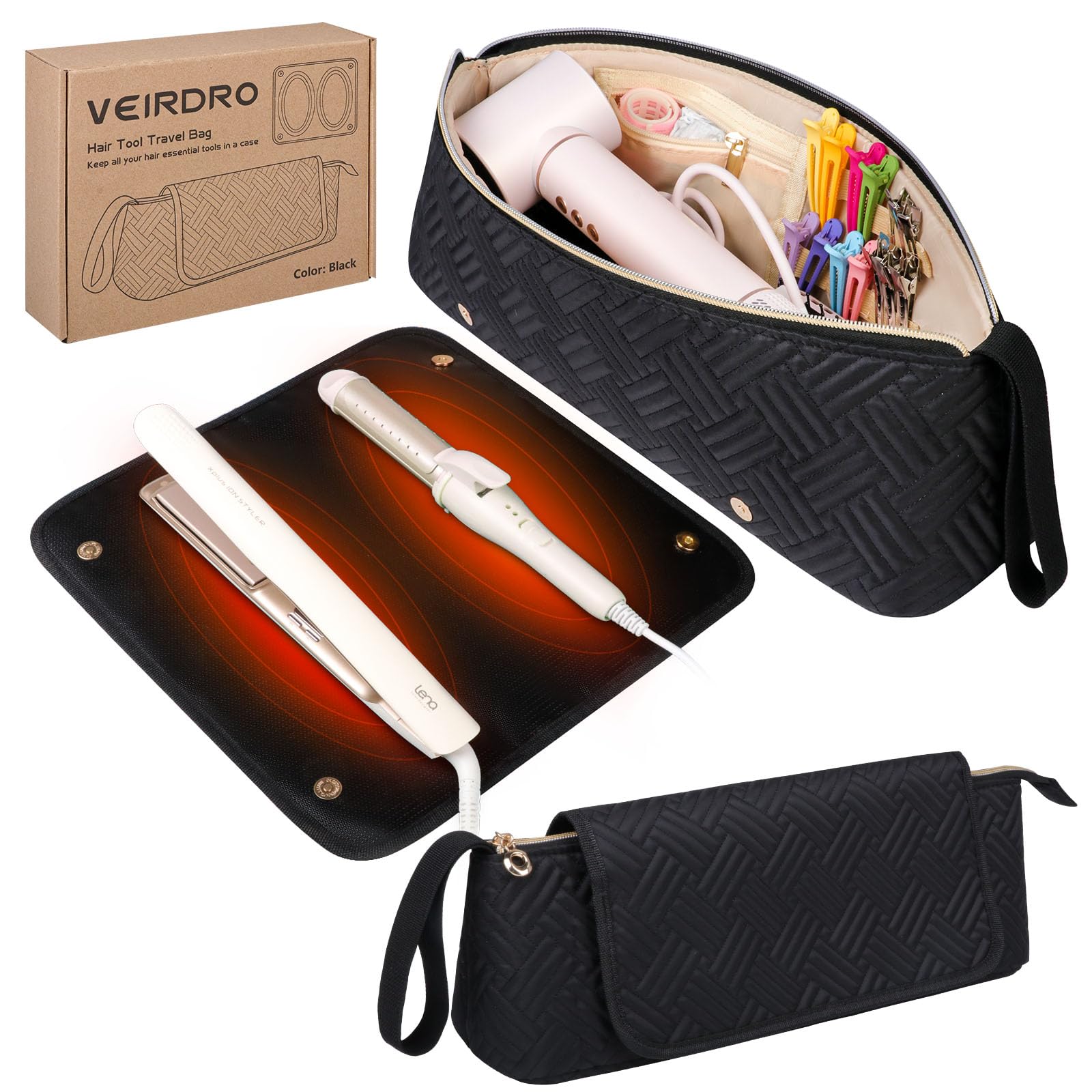 Veirdro travel bag with removable heat-resistant mat protects hot tools during travel