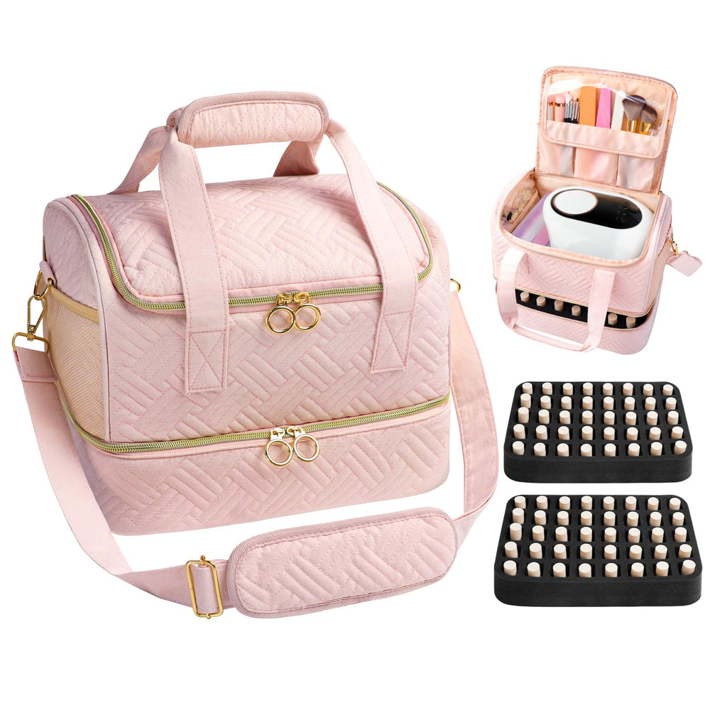 Veirdro nail polish organizer bag front view in pink for compact travel storage.
