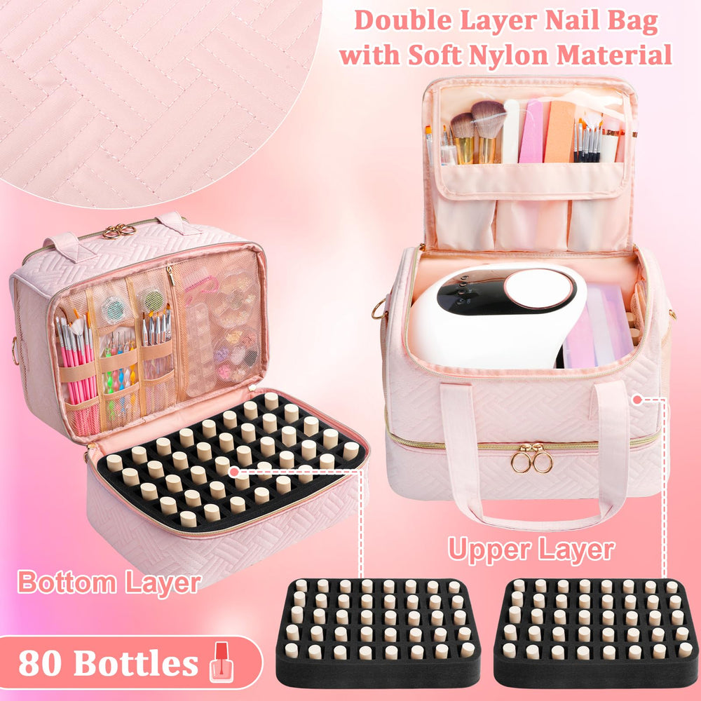 Veirdro nail polish organizer bag open top compartment showcasing upper 40-bottle quick-access storage.