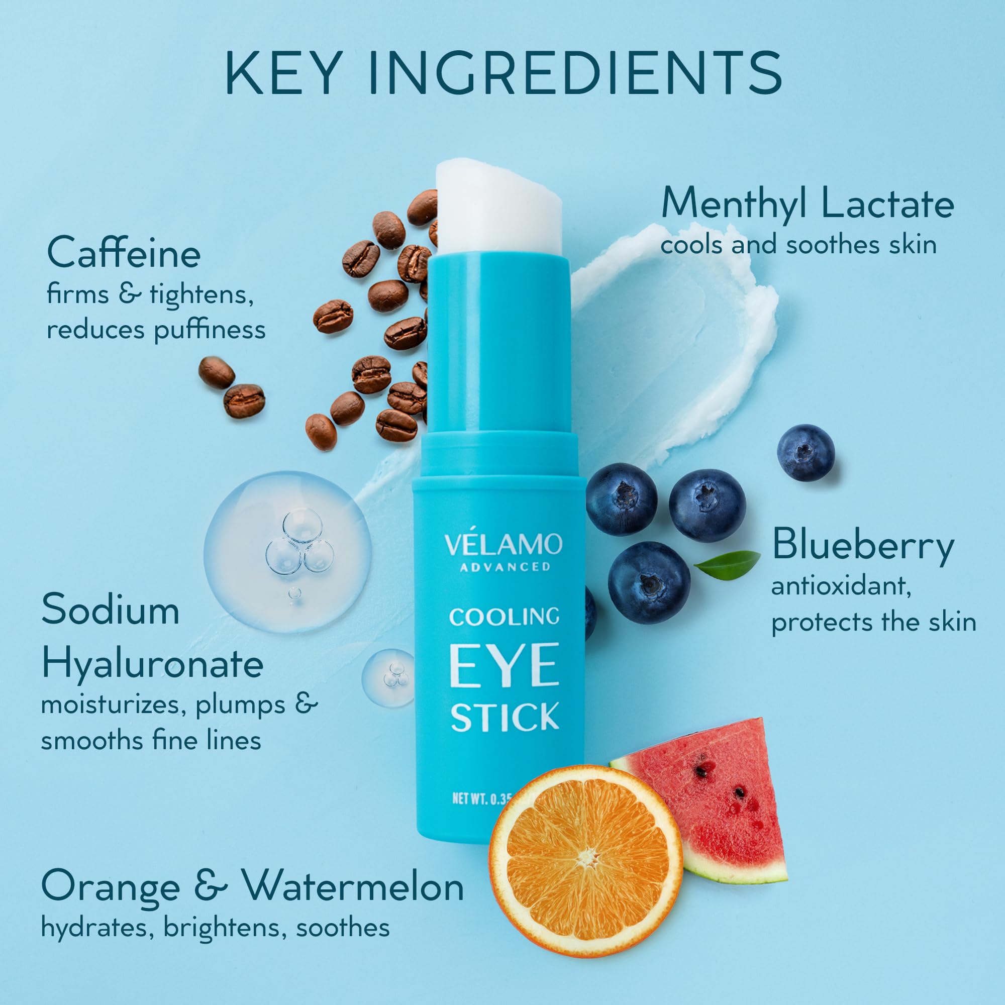 VELAMO ADVANCED eye stick delivers caffeine and hyaluronic hydration under-eye.