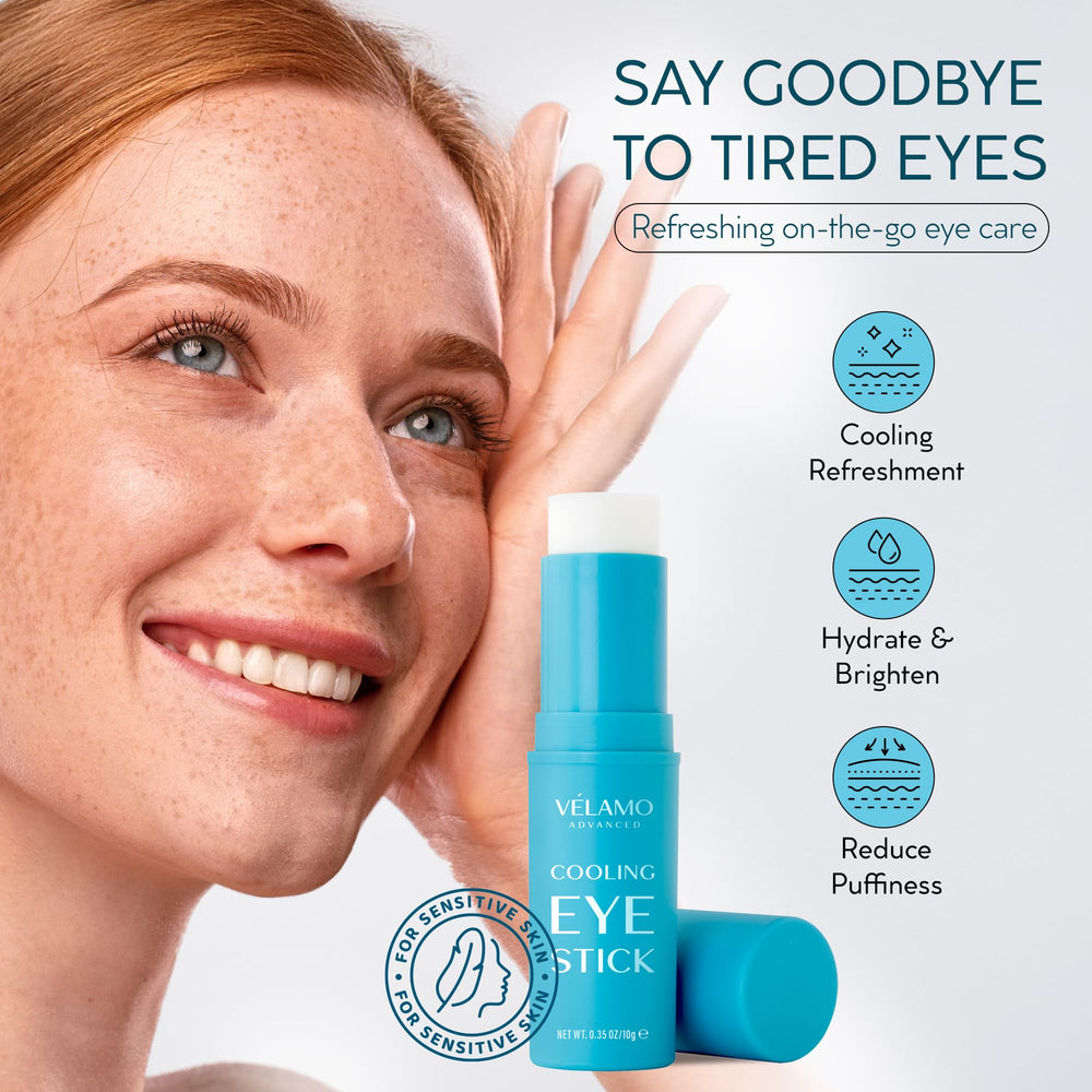 VELAMO ADVANCED cooling eye stick applied under-eye for puffiness relief.