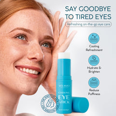 VELAMO ADVANCED cooling eye stick applied under-eye for puffiness relief.