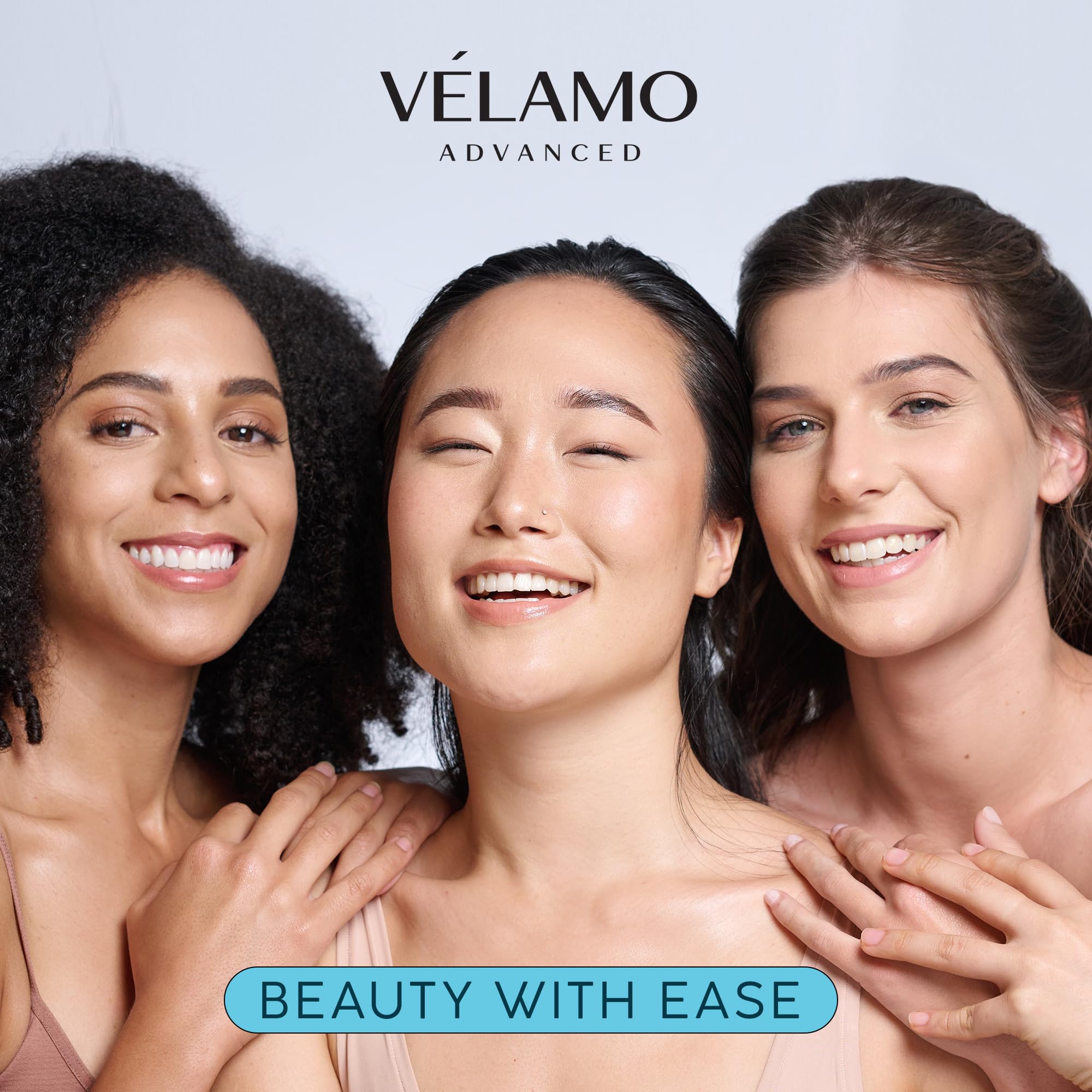 VELAMO ADVANCED close-up label shows caffeine and hyaluronic hydration.