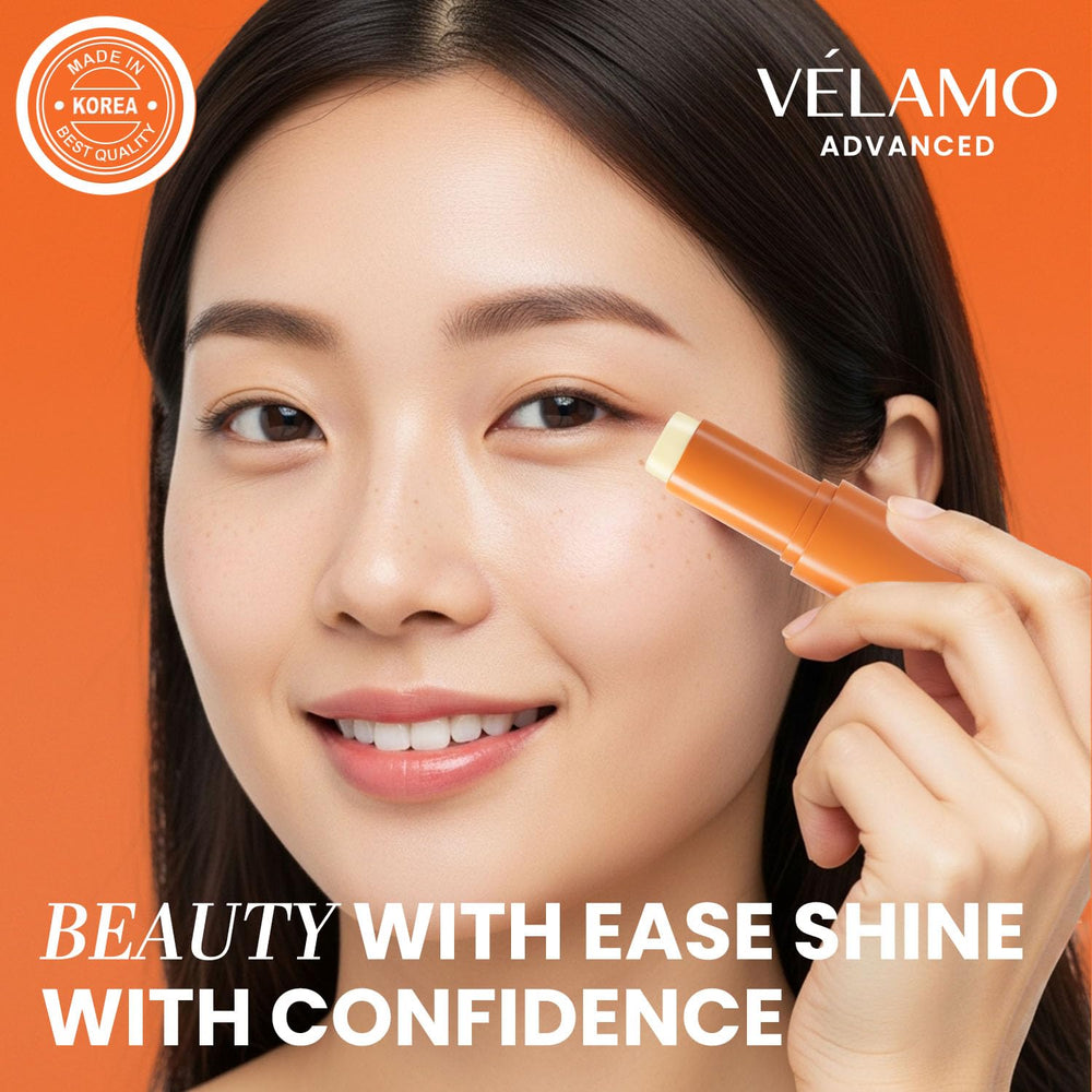 VELAMO ADVANCED Korean skincare formulation close-up emphasizes advanced technology and trusted results