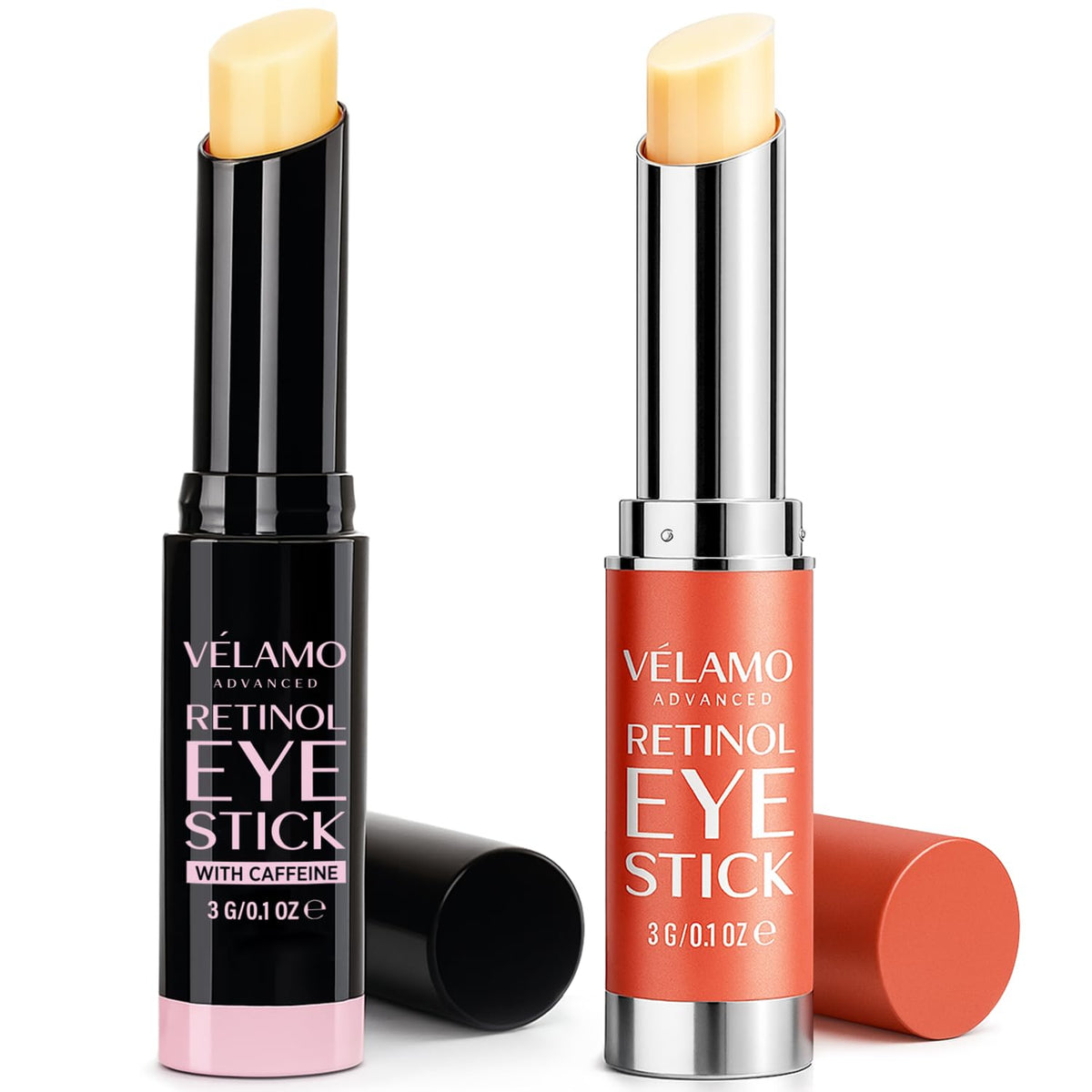VELAMO ADVANCED Retinol Eye Stick Duo packshot shows portable glide-on design for travel.