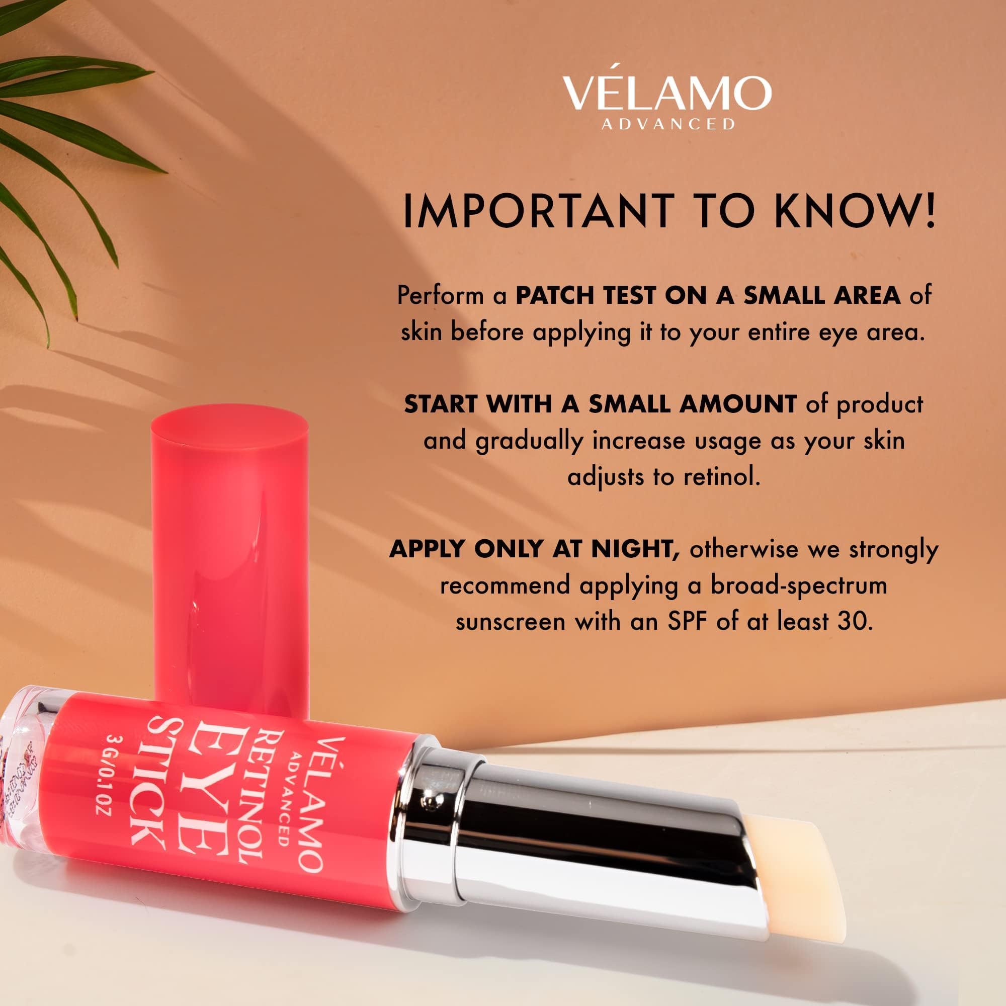 VELAMO ADVANCED Retinol Eye Stick ingredients highlight encapsulated retinol and peptides.