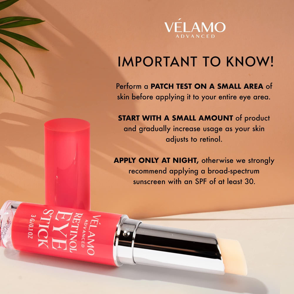 VELAMO ADVANCED Retinol Eye Stick ingredients highlight encapsulated retinol and peptides.