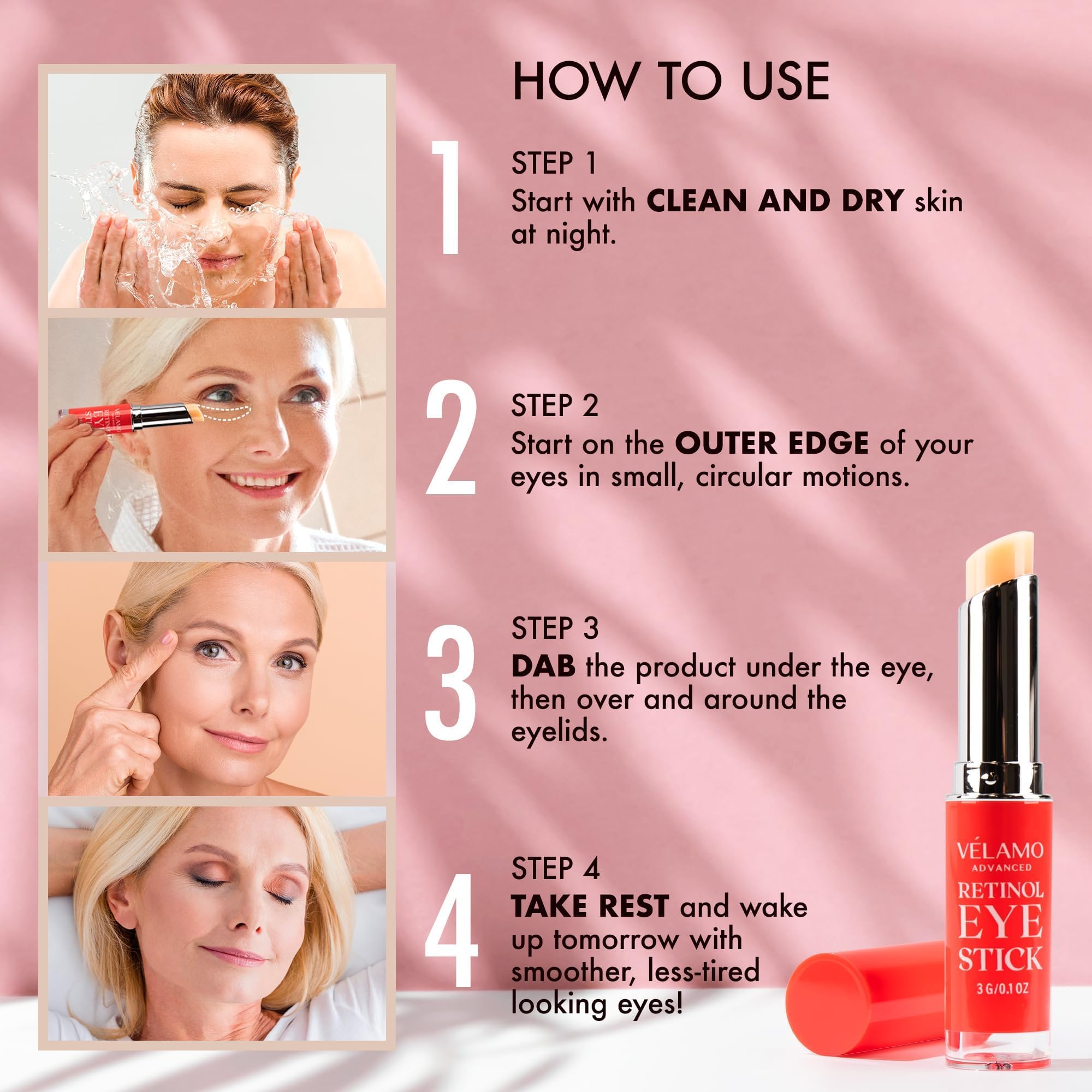 VELAMO ADVANCED Retinol Eye Stick night-time application demonstrates easy routine.
