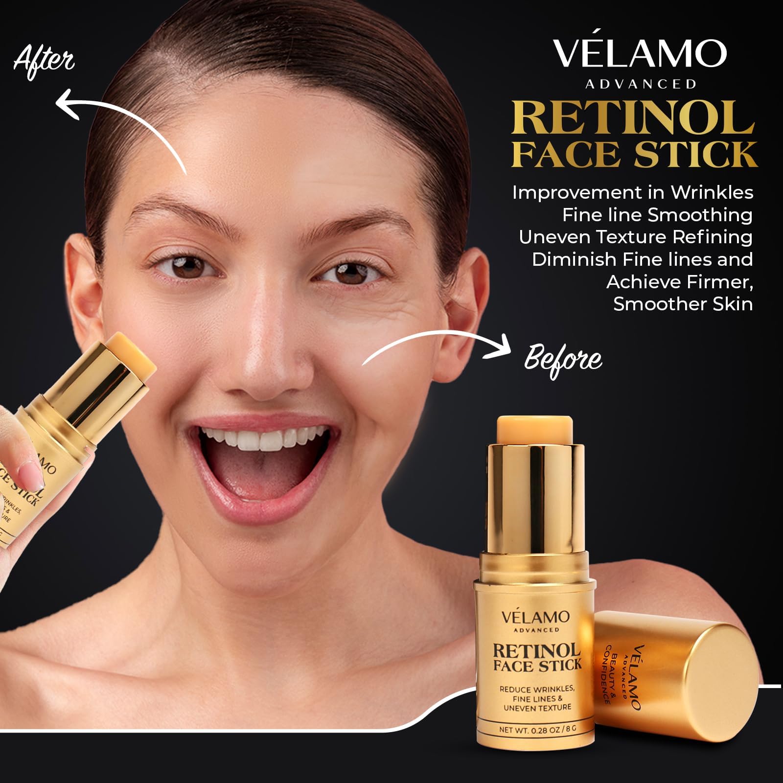 VELAMO ADVANCED retinol face stick being swiped for quick precise application.