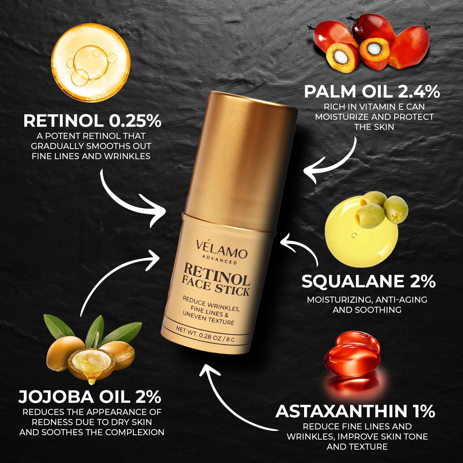 VELAMO ADVANCED retinol face stick evenly applied across forehead for consistent coverage.