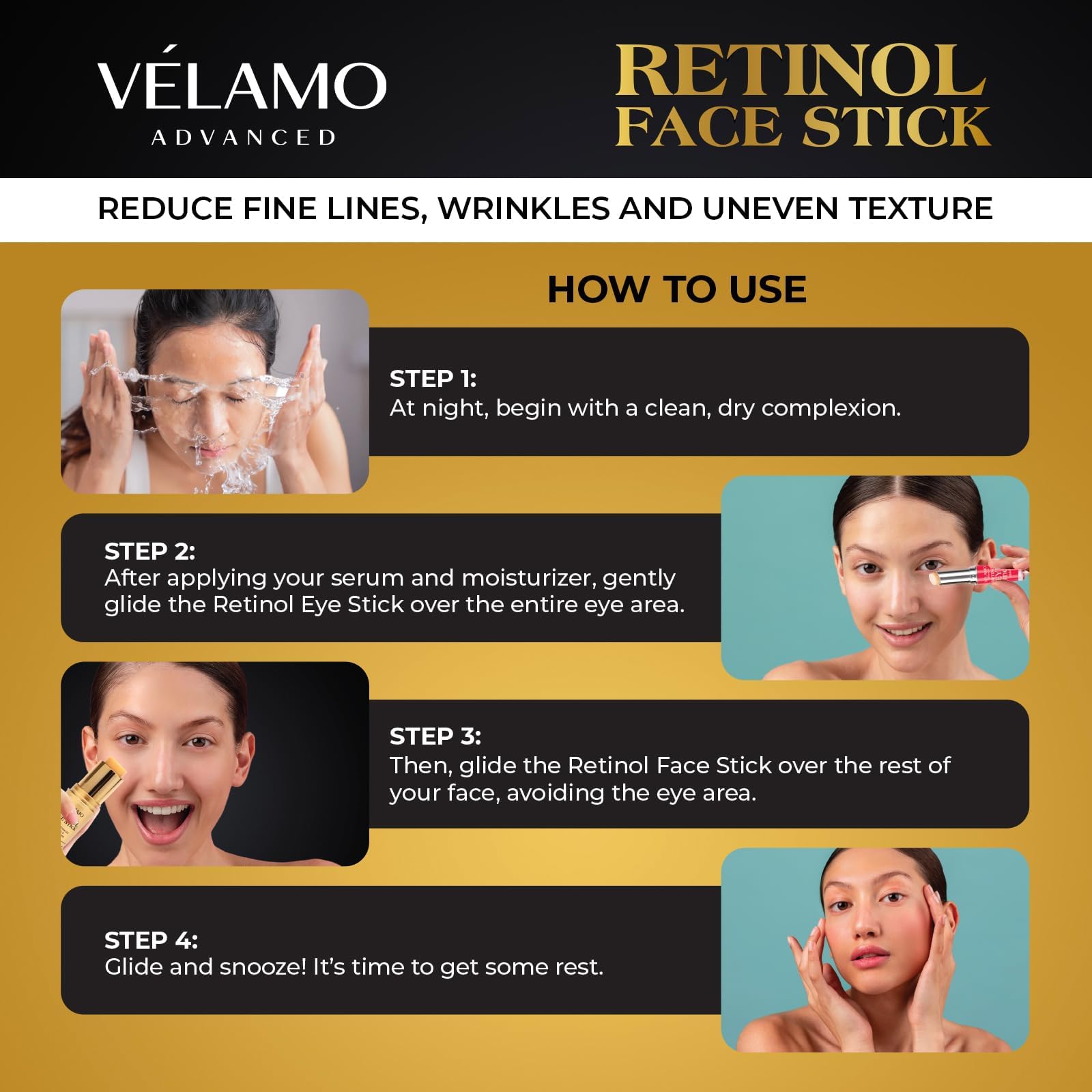 VELAMO ADVANCED retinol face stick features jojoba oil and squalane for moisture.