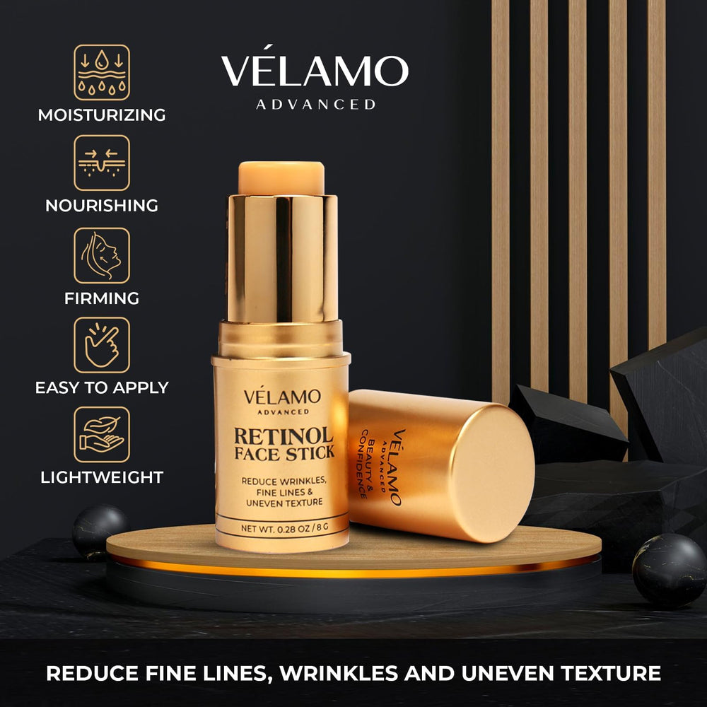 VELAMO ADVANCED retinol face stick applied to cheek for smoothing and even texture.