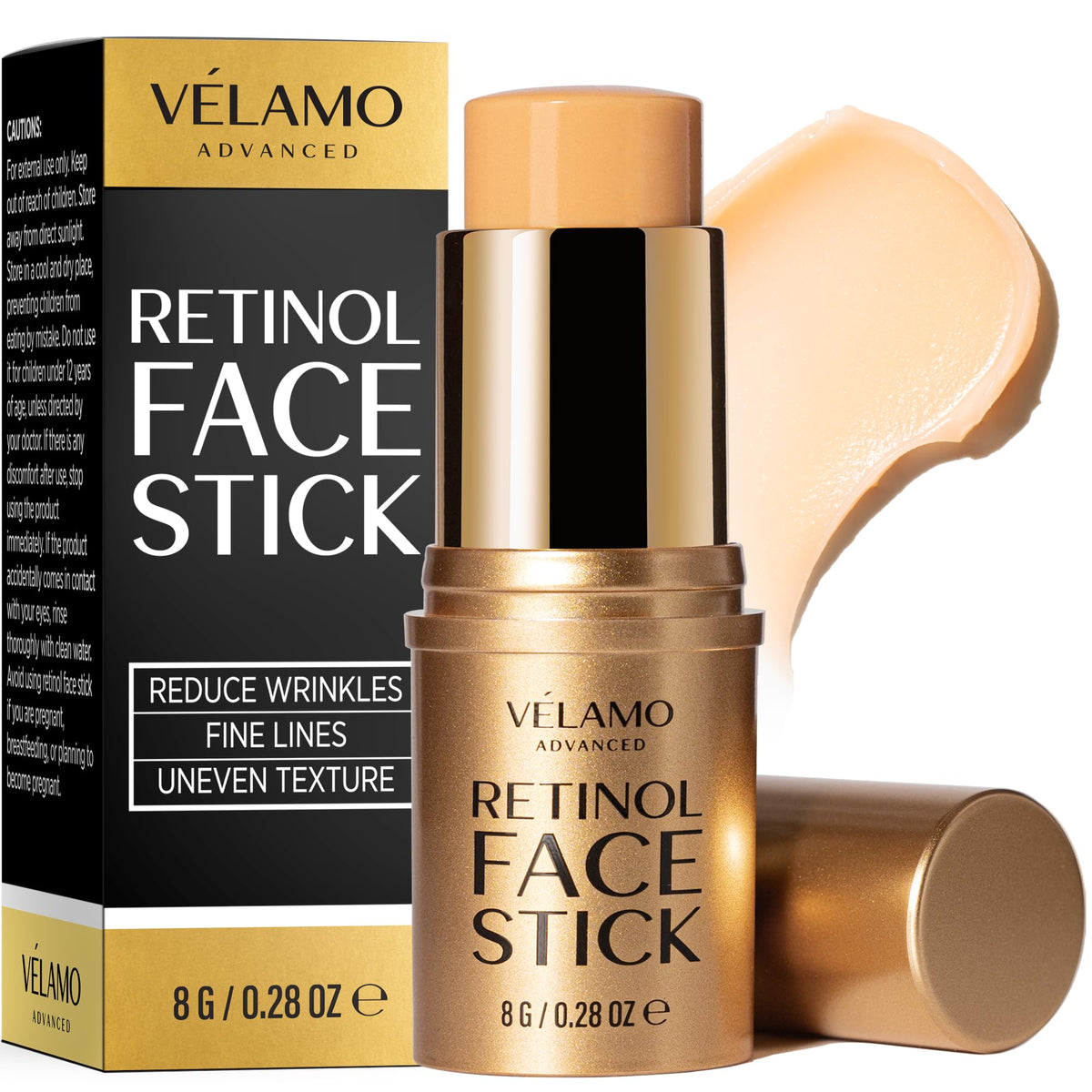VELAMO ADVANCED retinol face stick packaging for on-the-go anti-aging care.