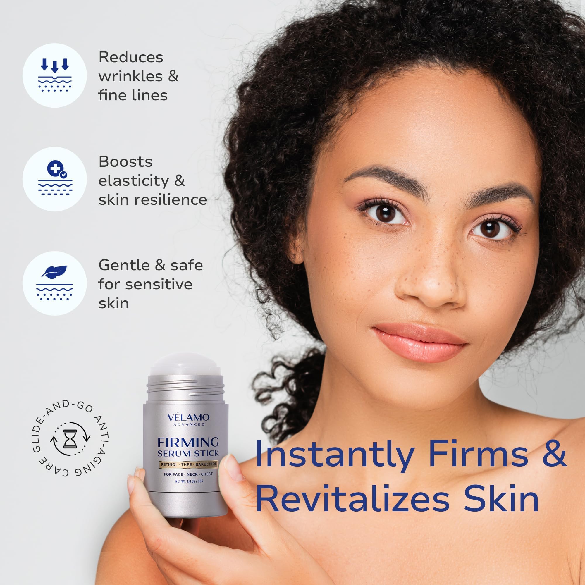 VELAMO ADVANCED serum-stick on chest for smoother texture and enhanced elasticity.