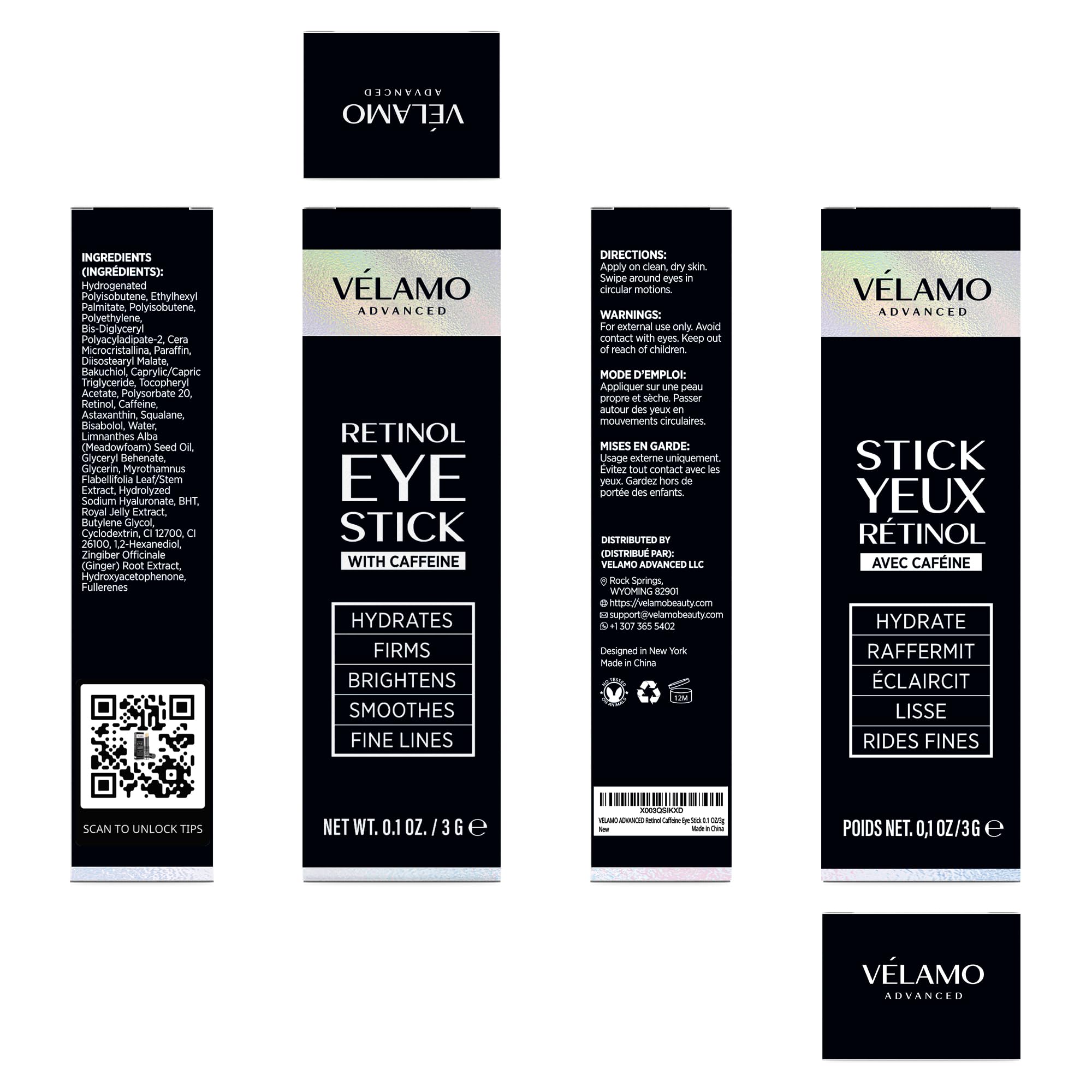 VELAMO ADVANCED Retinol Eye Stick, fórmula vegana segura para piel sensible.