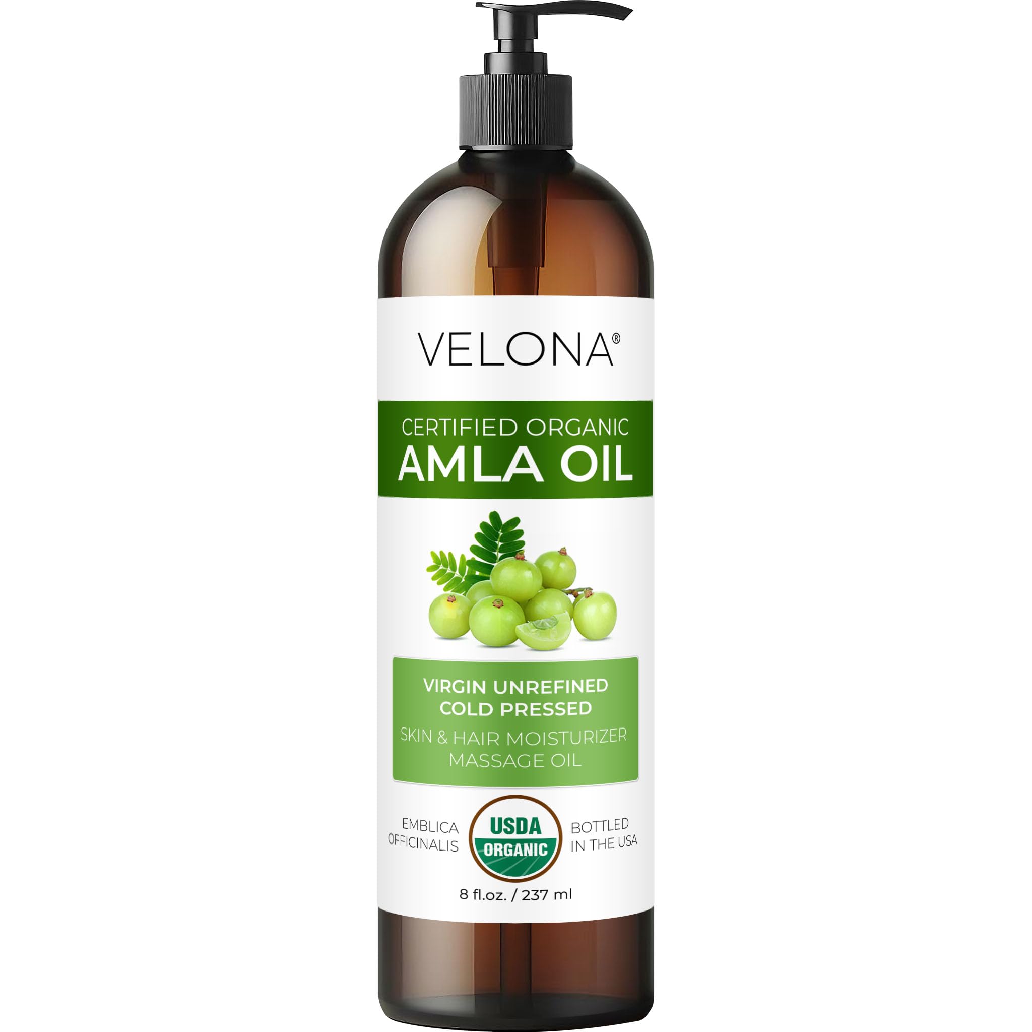 Velona Amla Oil bottle closeup showing pure organic hair nourishment.