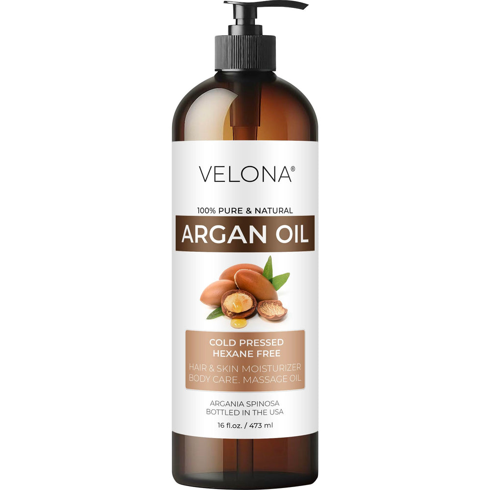 Velona Argan Oil bottle closeup showing pure cold pressed Morocco origin for hair and skin benefits.
