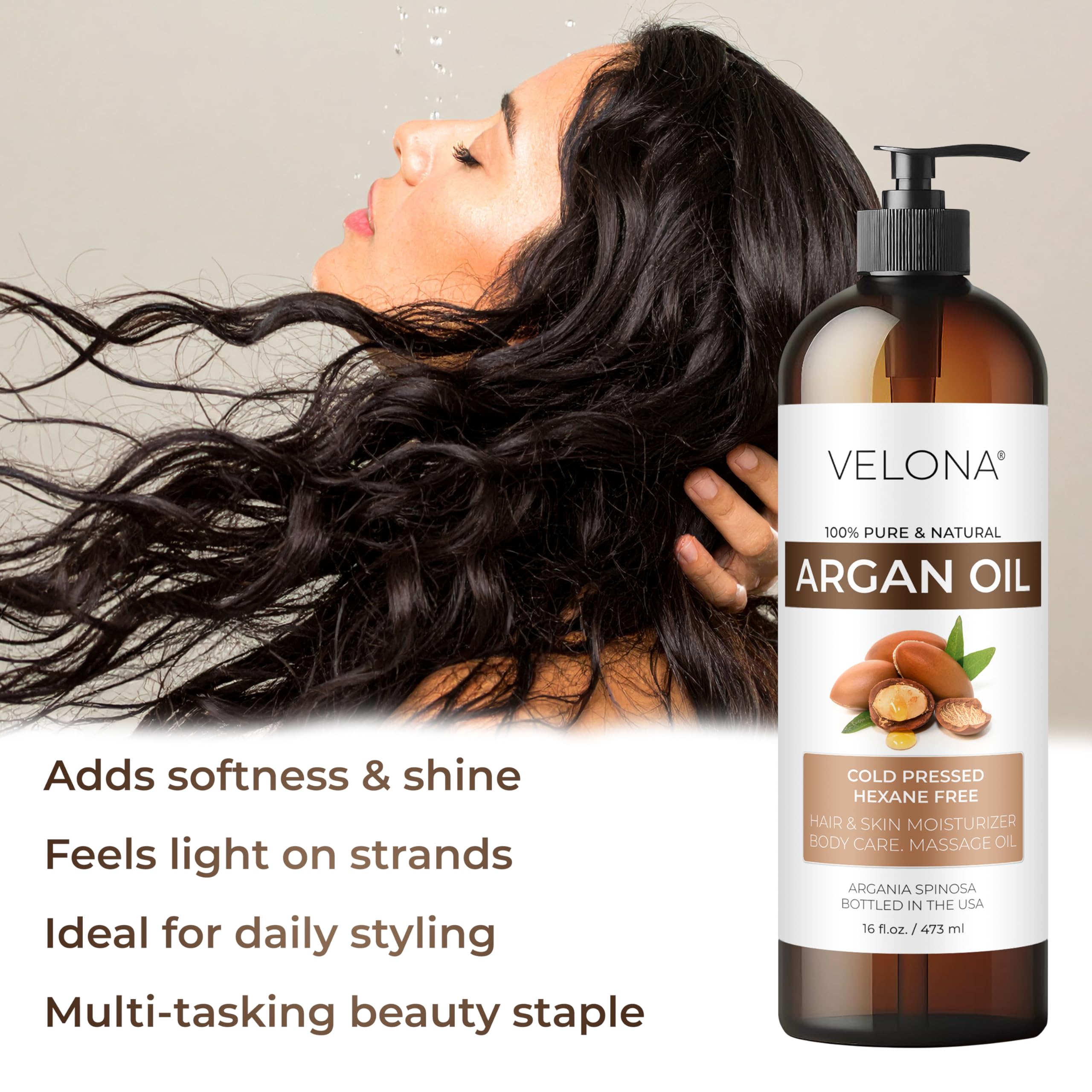 Velona Argan Oil skin-routine image suggests softening and nourishing touch for face and body.