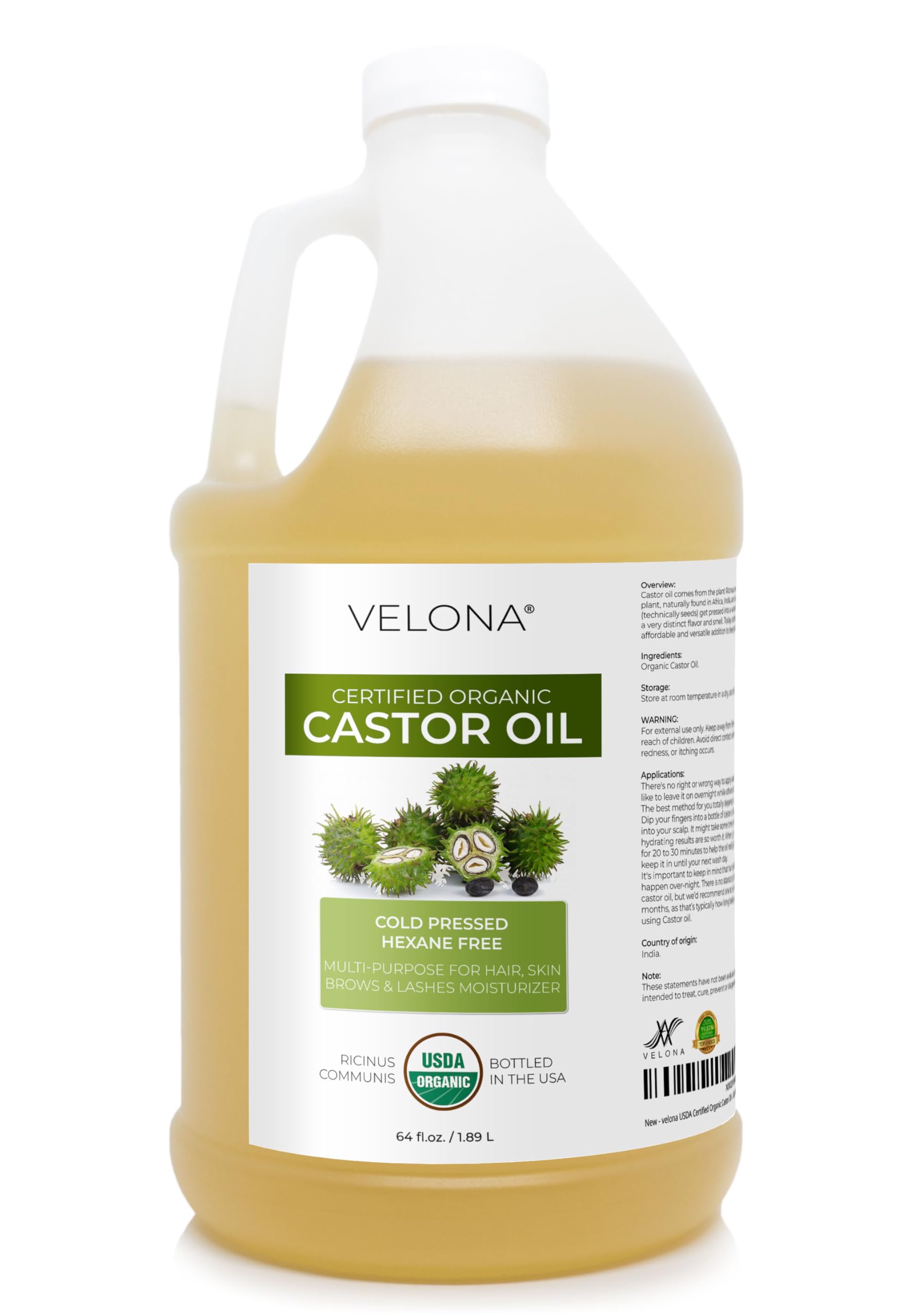 Velona castor oil bottle front view for hair moisture and shine.