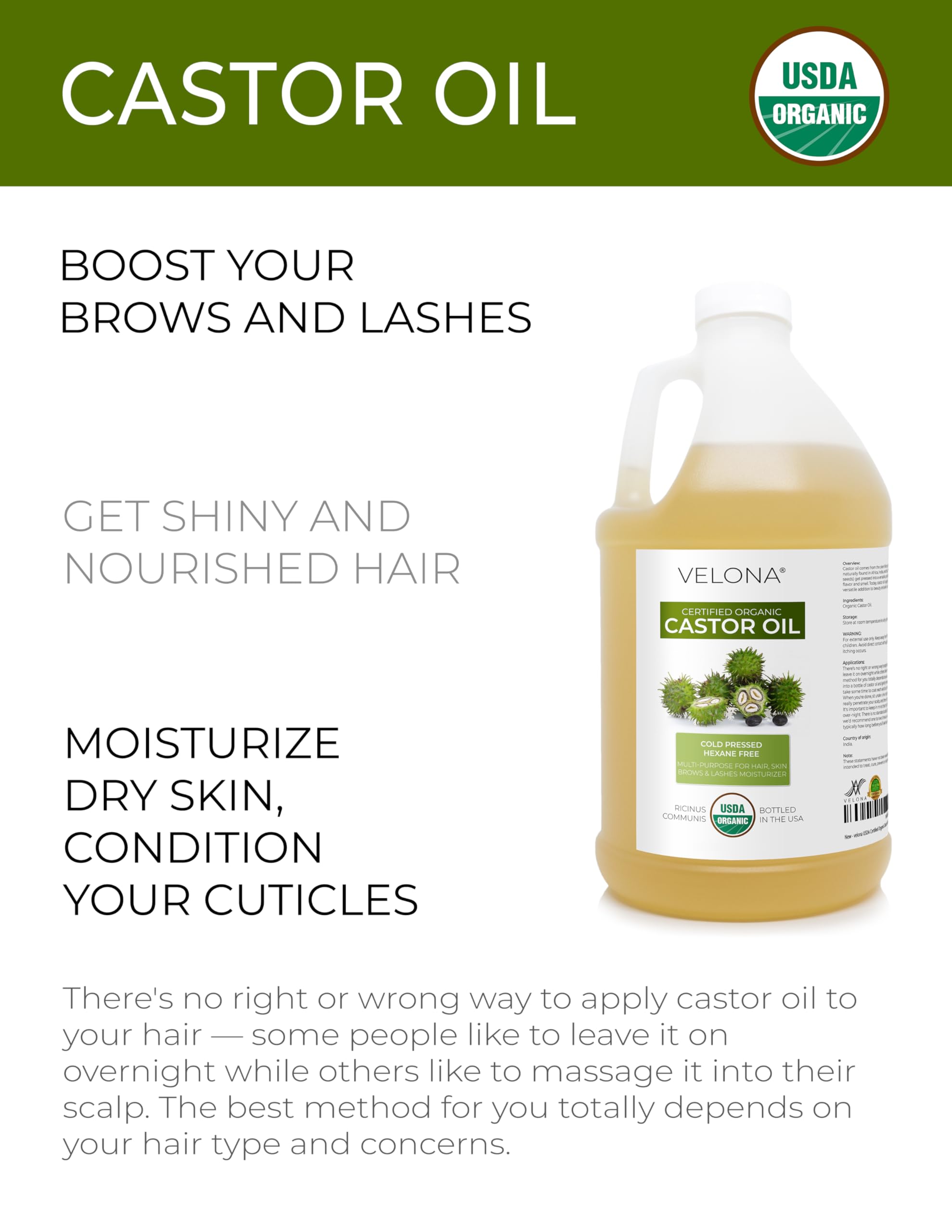 Velona castor oil bottle being poured for easy, controlled application in beauty routines.