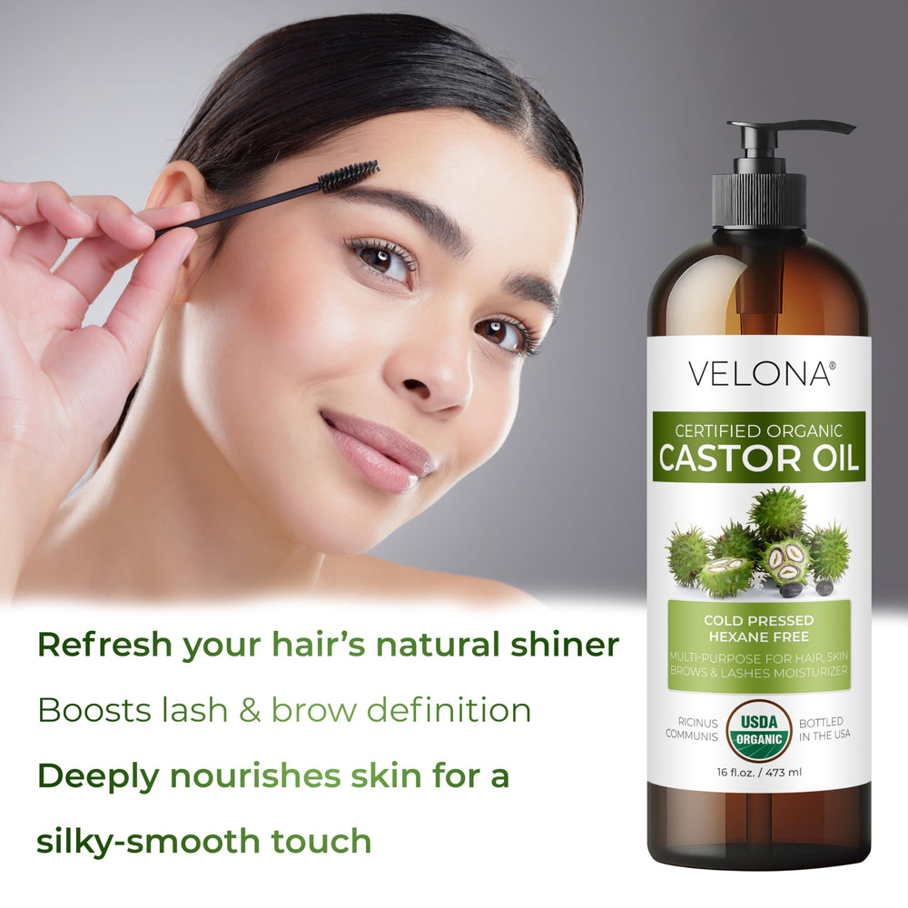 Velona castor oil used on lashes and brows for conditioning.