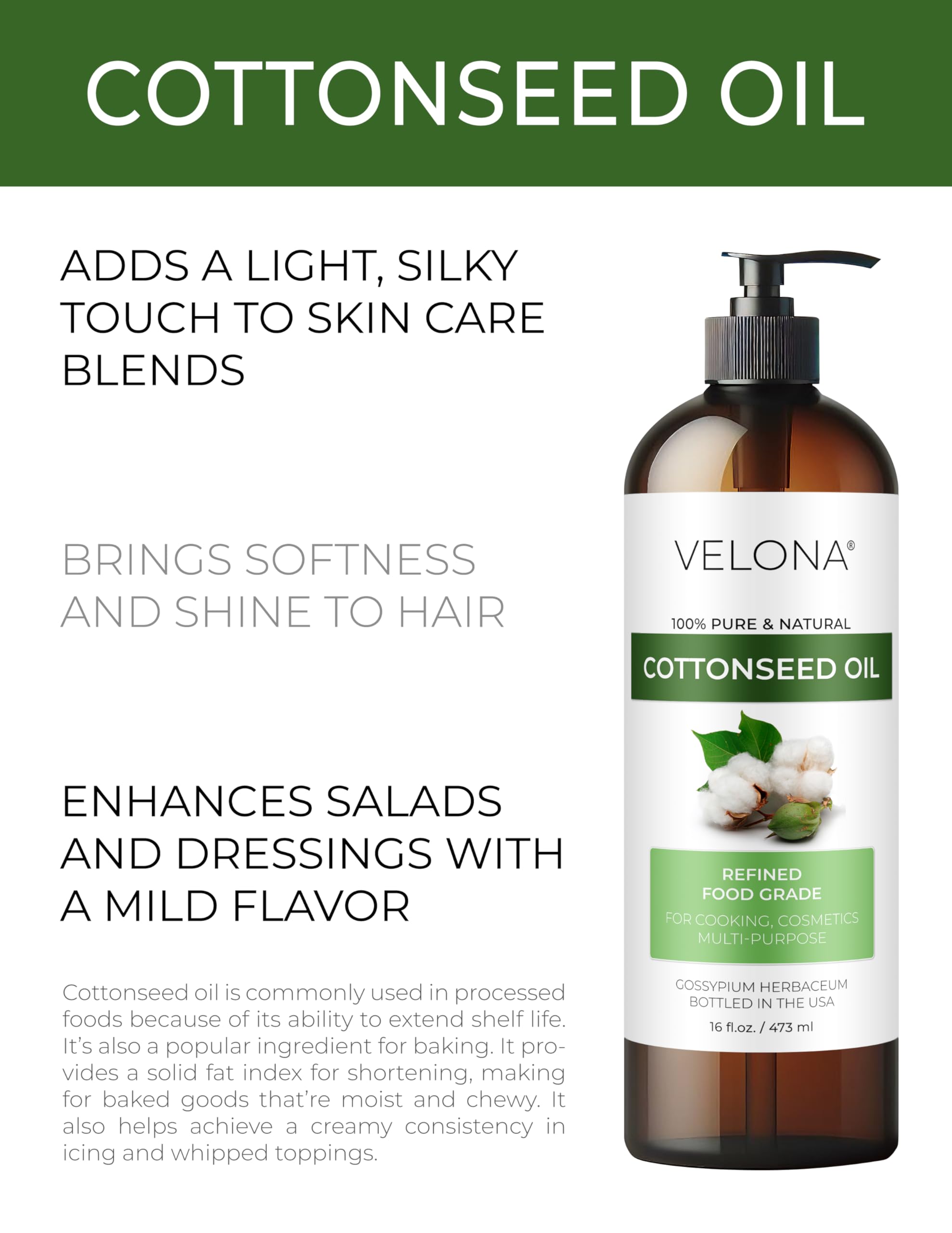 Velona Cotton Seed Oil hydrates skin for a smooth, refreshed feel