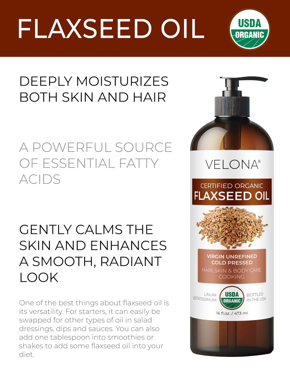 Velona flaxseed oil amber bottle close-up—freshness for daily skin and hair care.