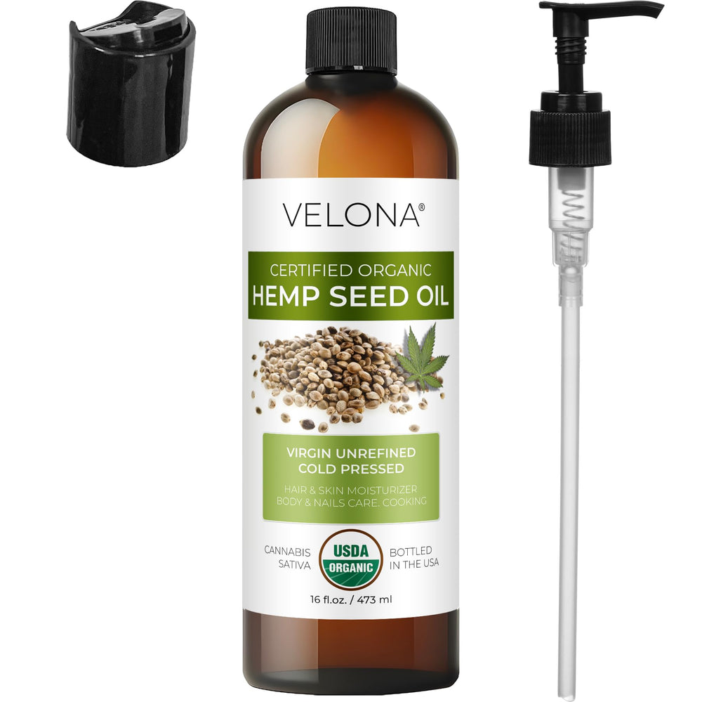 Velona Hemp Seed Oil USA bottled label emphasizes domestic production