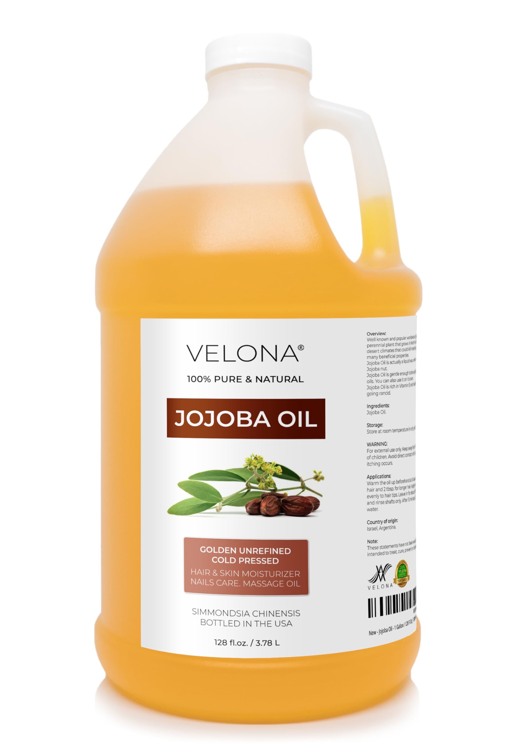 Velona Jojoba Oil 1-gallon bottle ready for daily skin and hair care