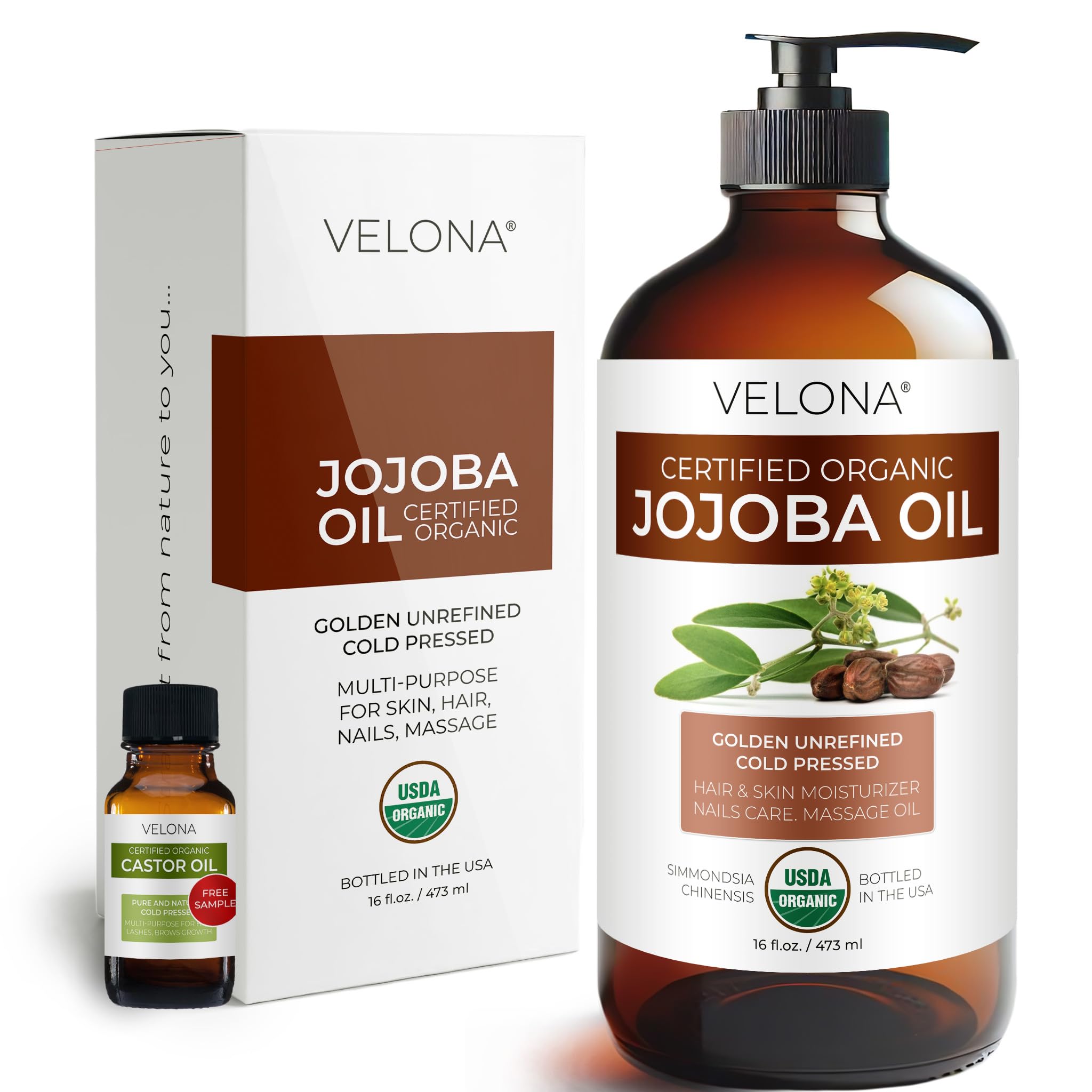 Velona Jojoba Oil 16oz glass bottle delivers pure skin and hair hydration