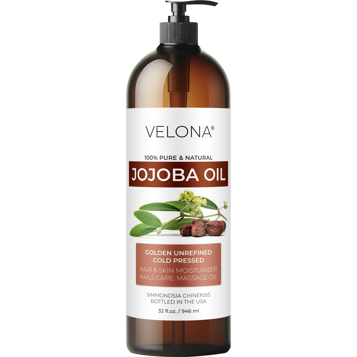 Velona Jojoba Oil 32oz bottle with pump for easy skin hydration.