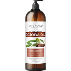 Velona Jojoba Oil 32oz bottle with pump for easy skin hydration.