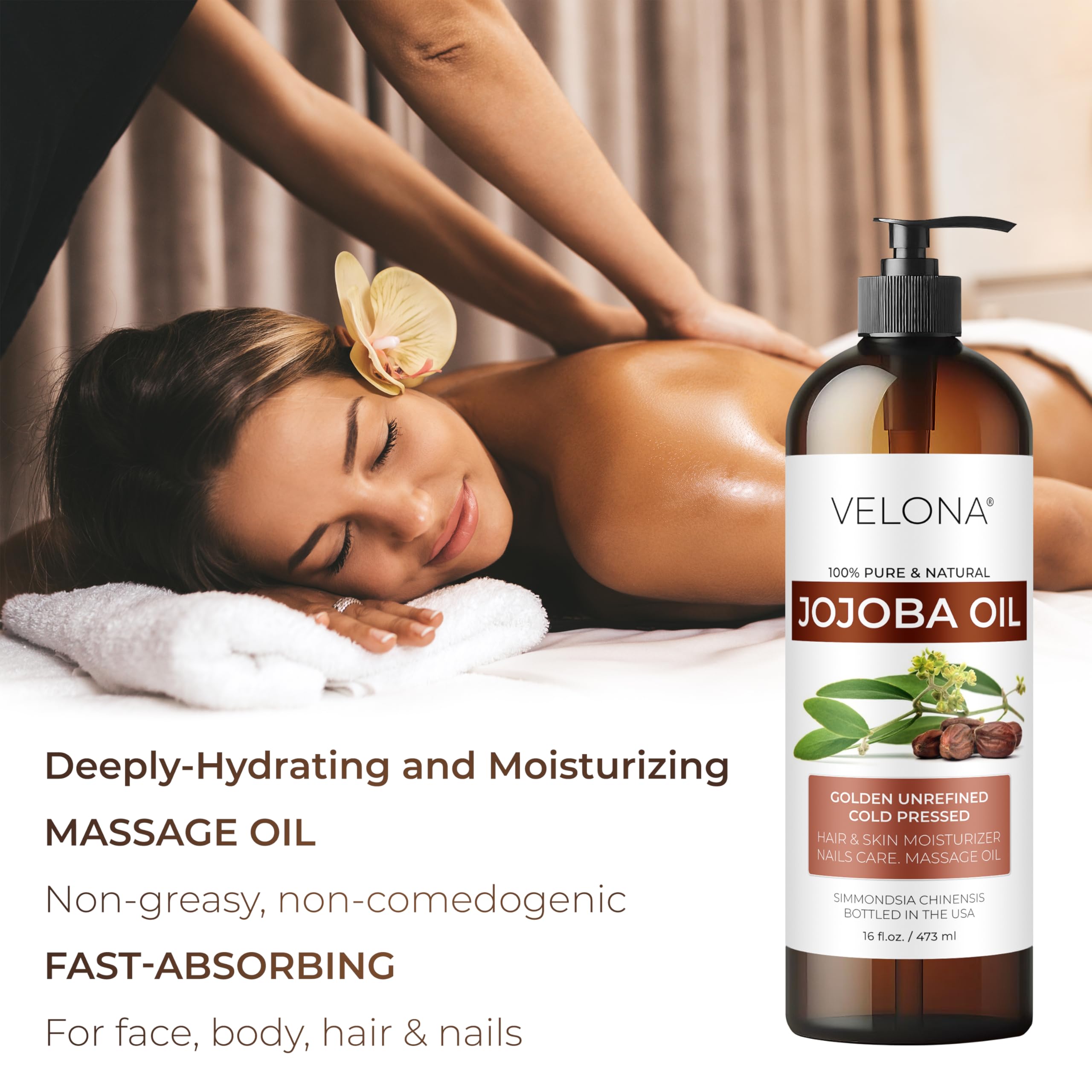 Velona Jojoba Oil skin body hydration scene indicates moisturized, balanced skin.