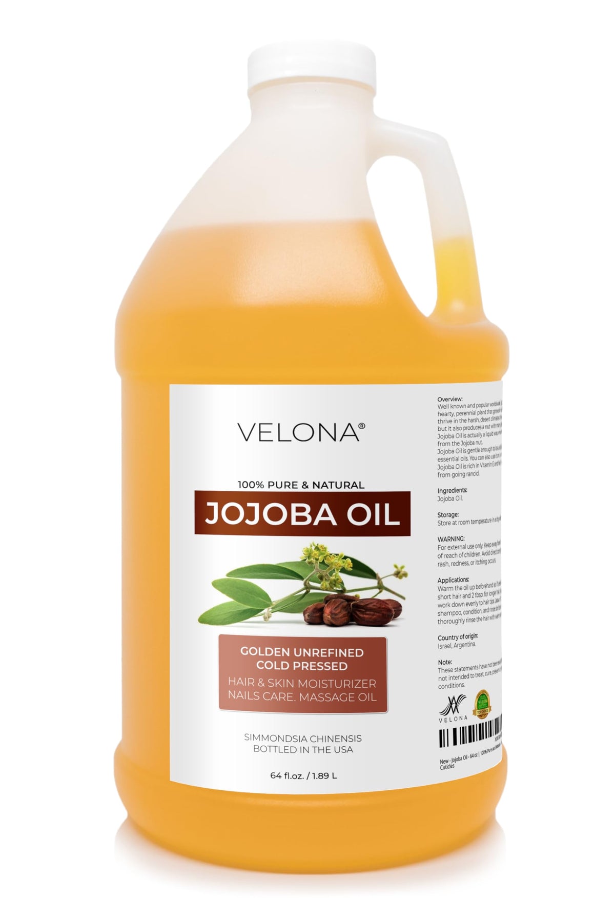 Velona Jojoba Oil bottle 64oz demonstrates pure hydration and easy dispensing.