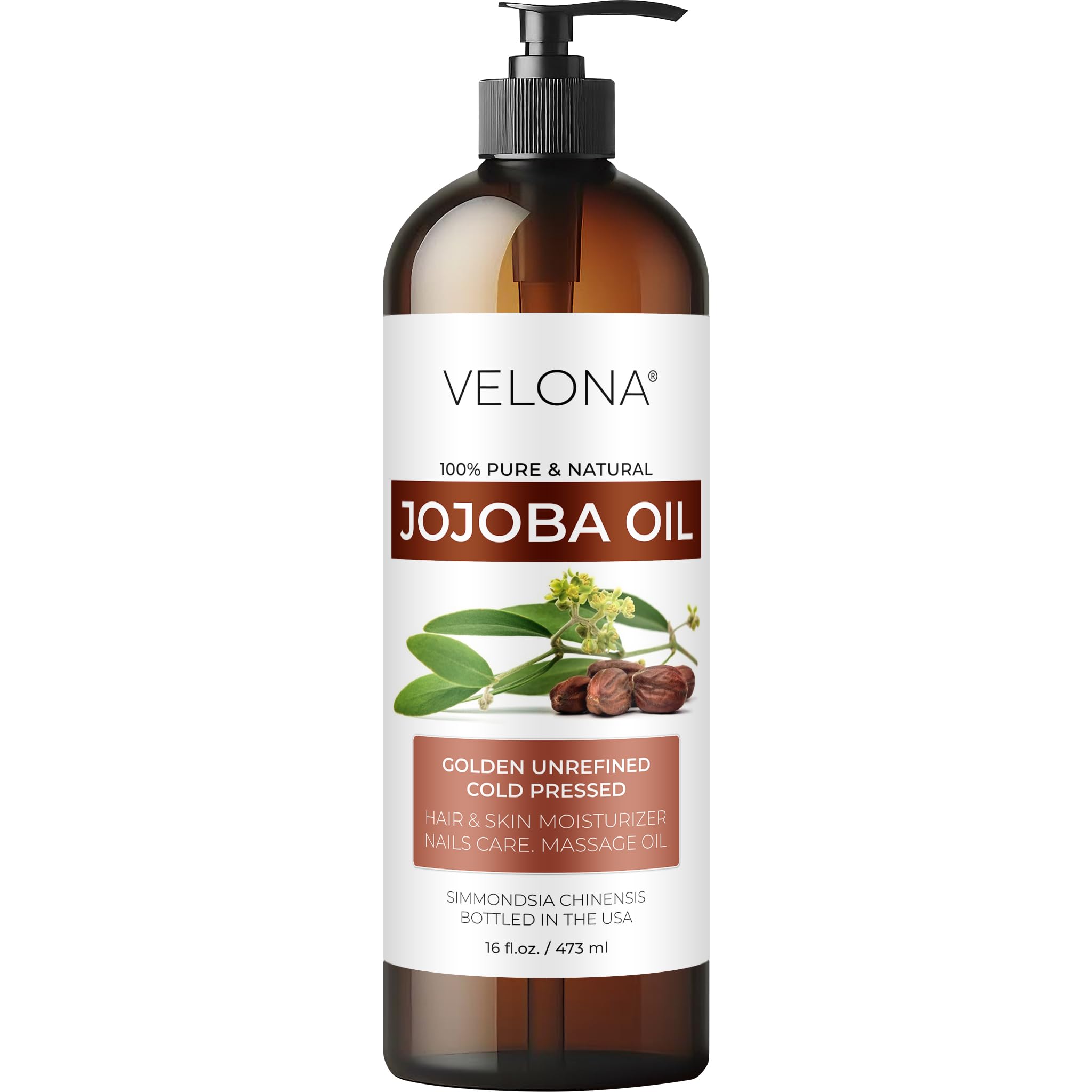 Velona Jojoba Oil bottle pump for easy facial and body hydration.