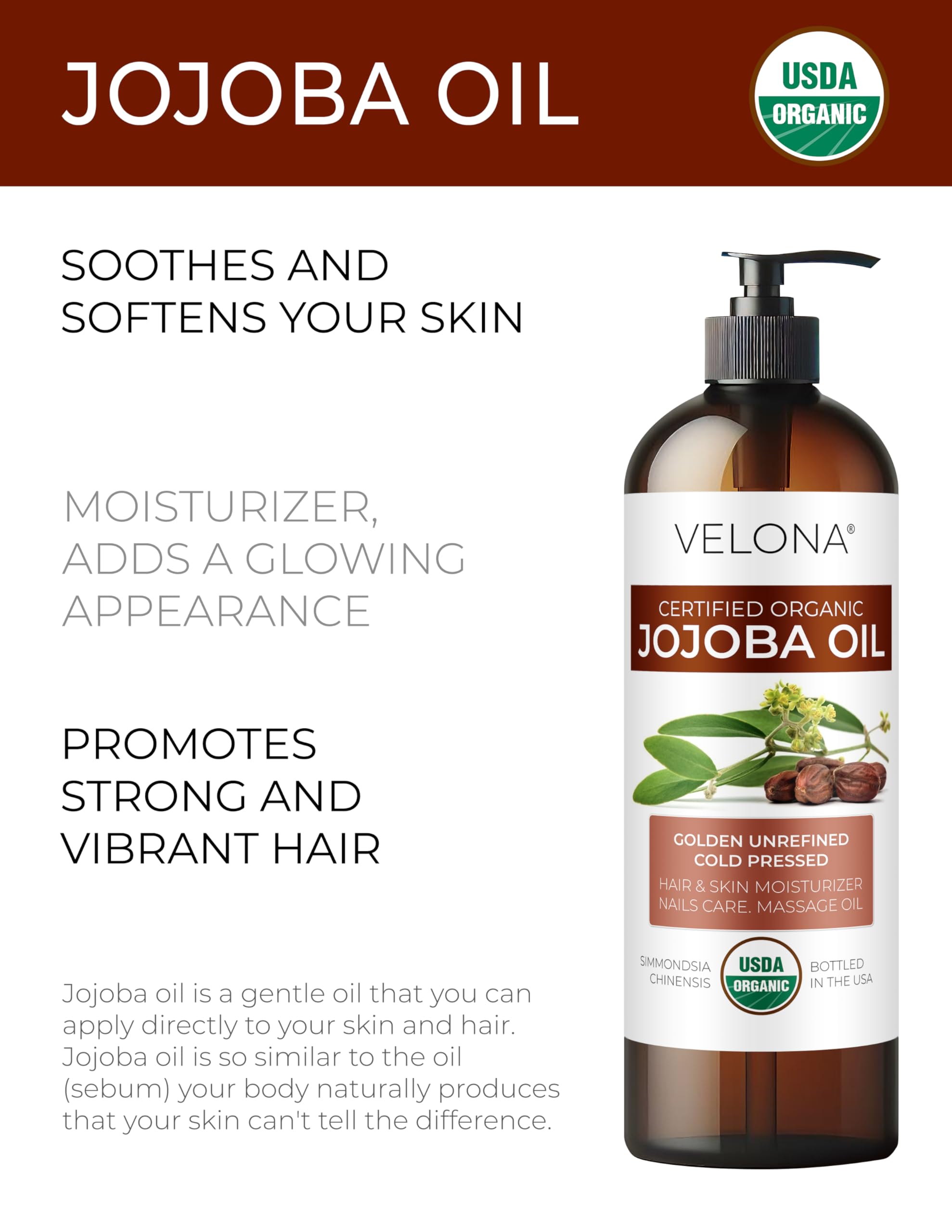 Velona Jojoba Oil golden appearance signals premium, hexane-free oil