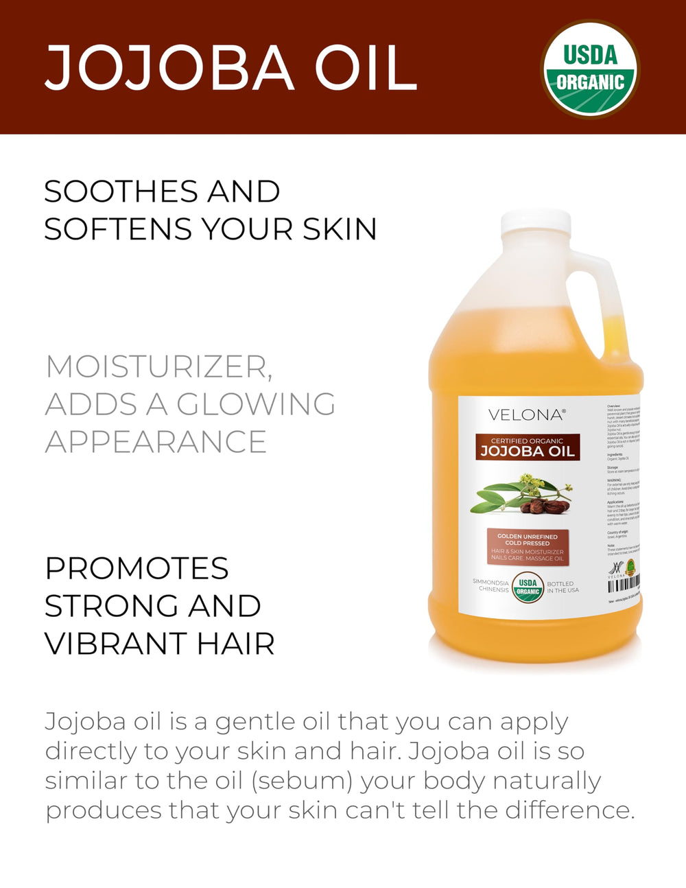 Velona Jojoba Oil USDA Organic label emphasizes purity and cold-pressed quality.