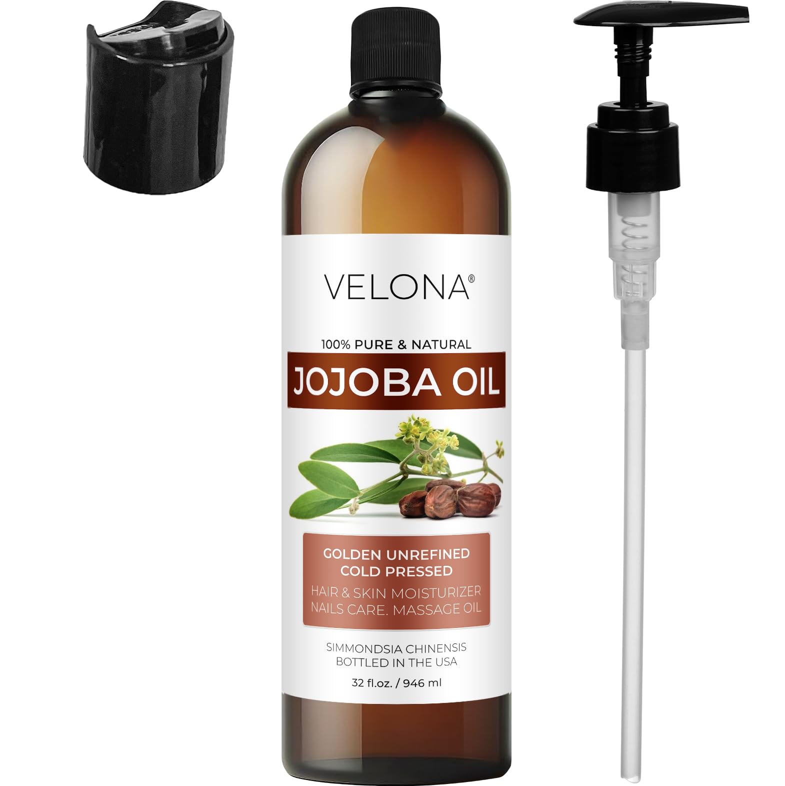 Velona Jojoba Oil bottled in the USA label highlights quality.