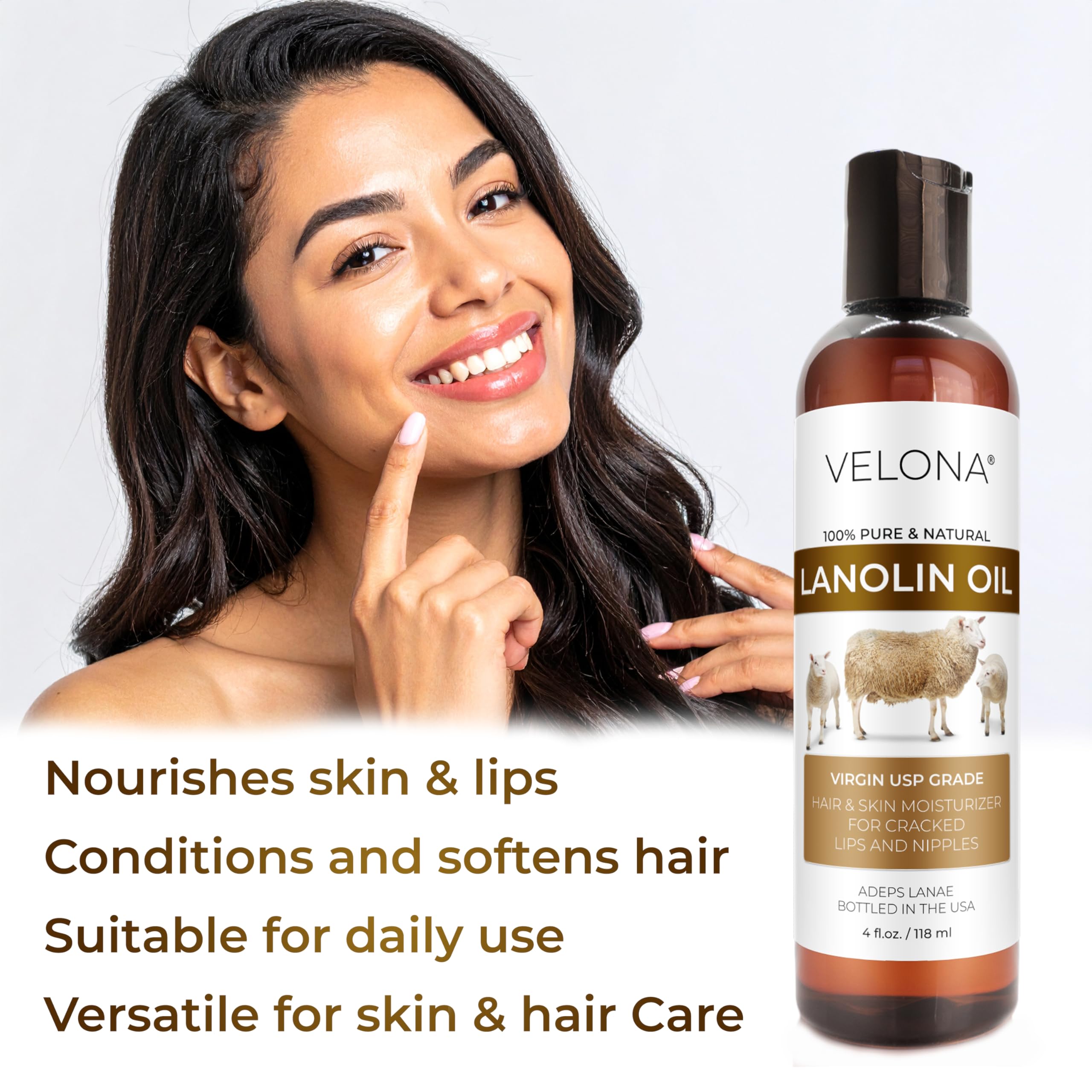 Velona Lanolin Oil hair-softness closeup suggests easier manageability.
