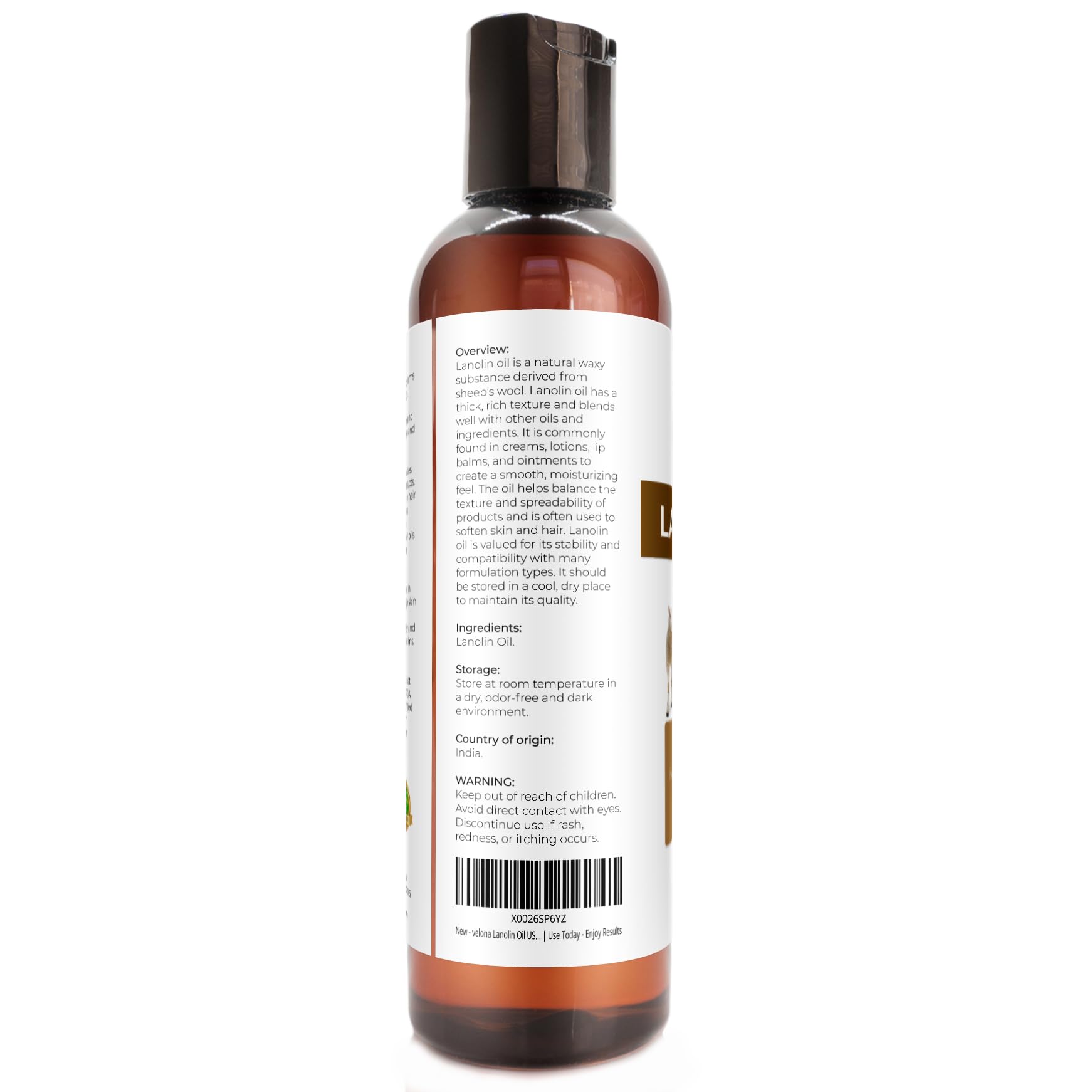 Velona Lanolin Oil label closeup communicates USP-grade purity.