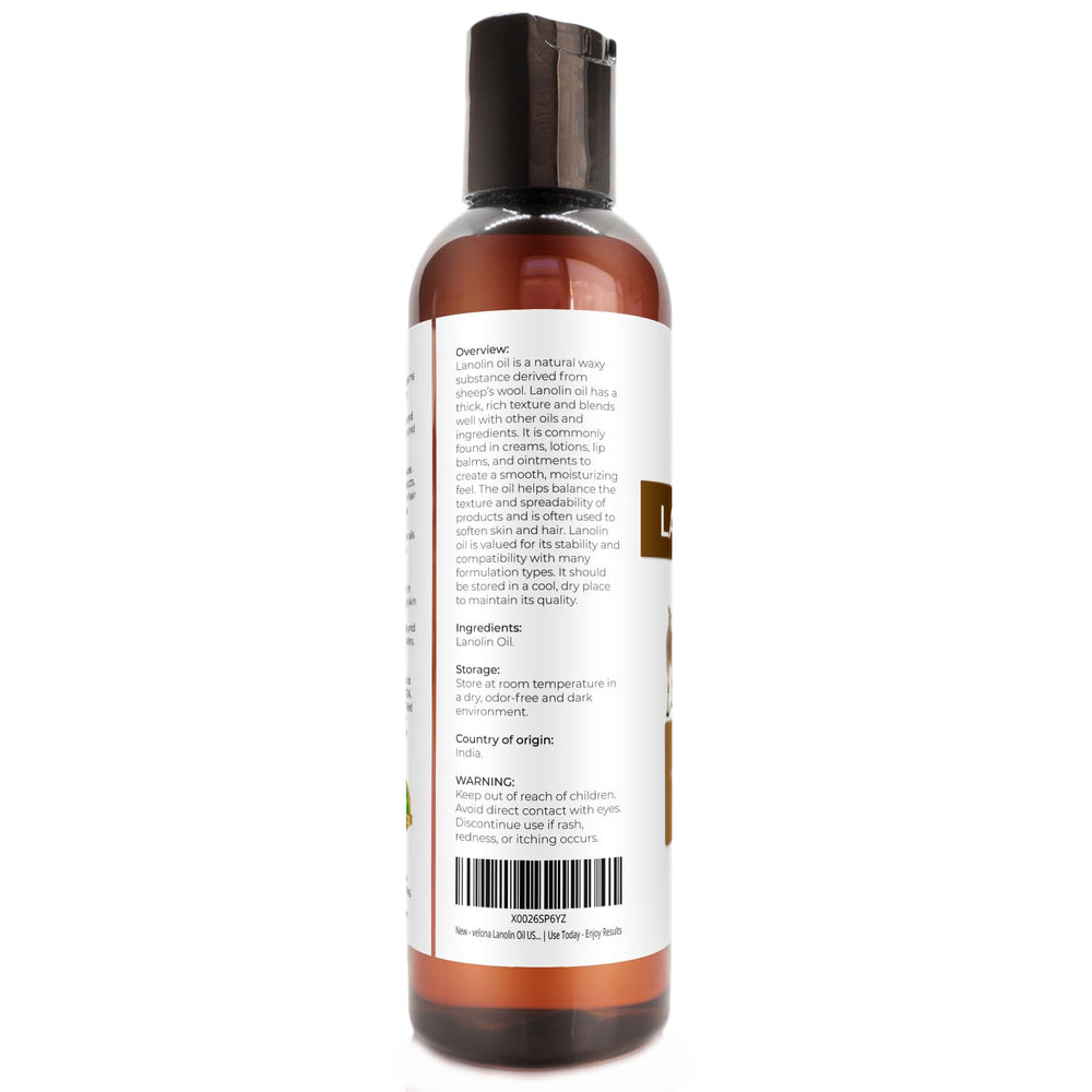 Velona Lanolin Oil label closeup communicates USP-grade purity.