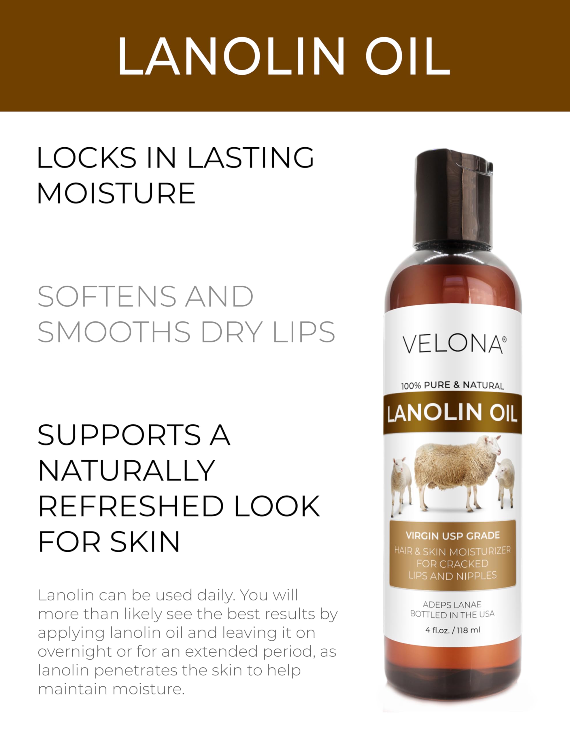 Velona Lanolin Oil texture closeup shows fragrance-free, gentle nourishment.