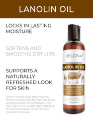 Velona Lanolin Oil texture closeup shows fragrance-free, gentle nourishment.