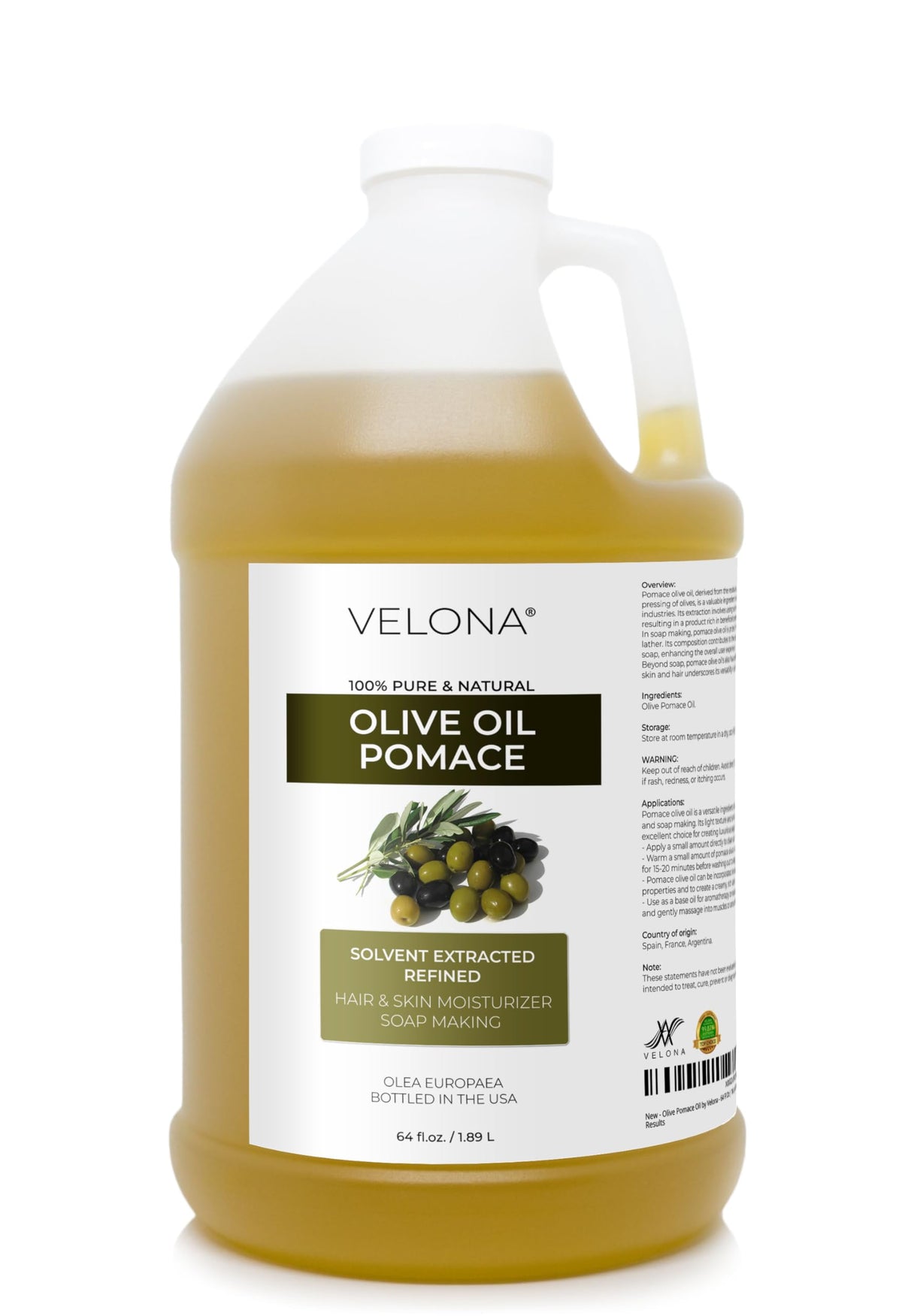 Velona Olive Pomace Oil 64oz bottle – pure carrier oil for skin and hair nourishment.