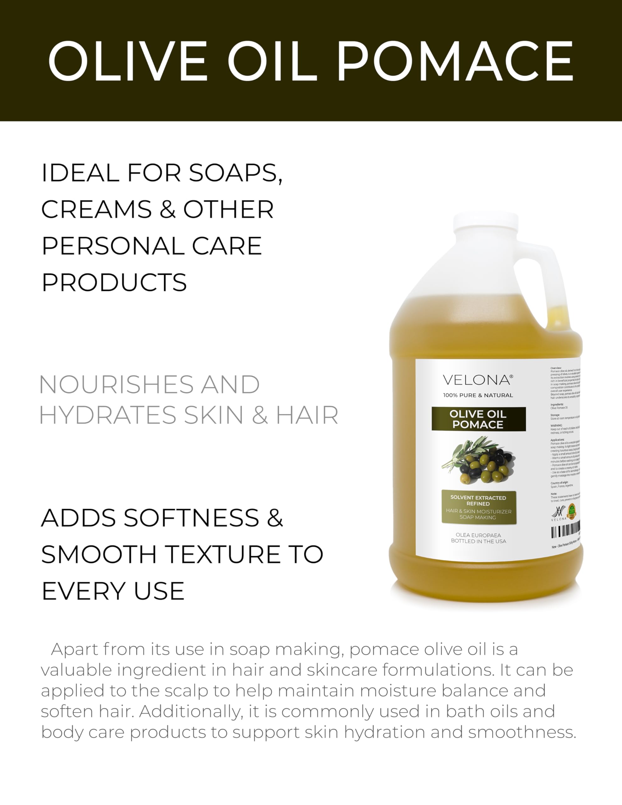 Velona Olive Pomace Oil label closeup – refined, fragrance-free formula for sensitive skin.