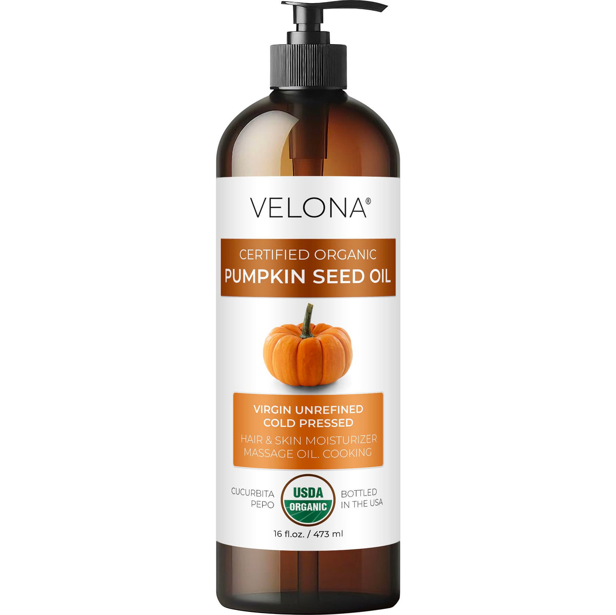 Velona Pumpkin Seed Oil 16oz bottle showing pure cold-pressed oil for cooking and skincare.