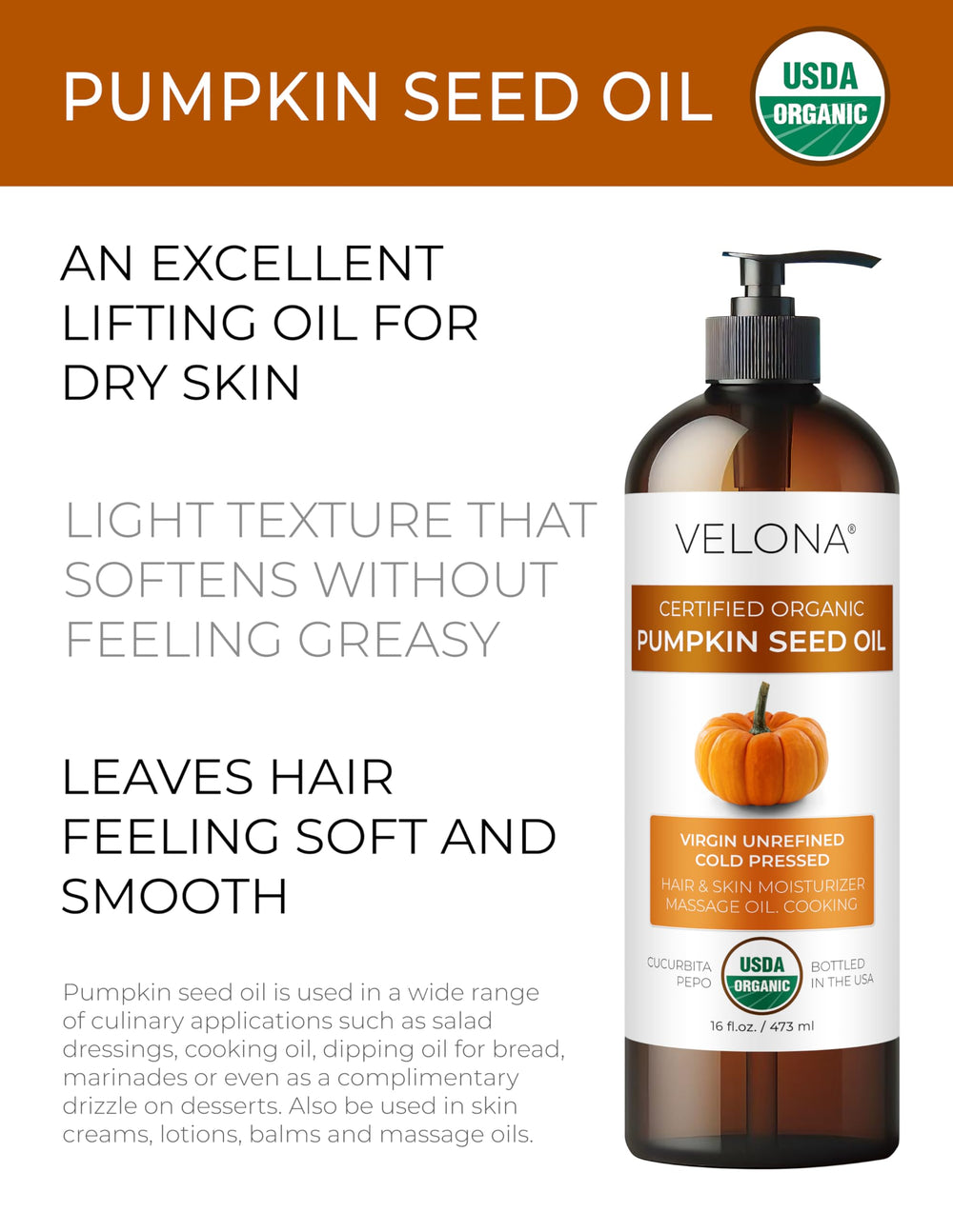 Velona Pumpkin Seed Oil cold-pressed amber bottle highlighting premium carrier oil for skin and hair.